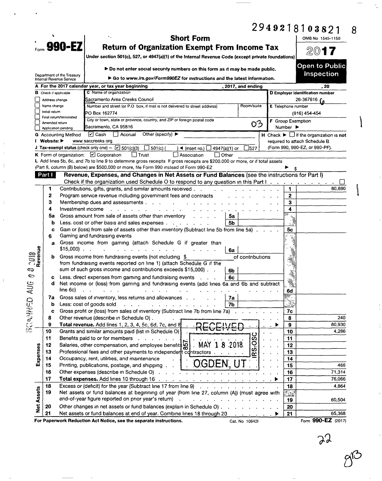 Image of first page of 2017 Form 990EZ for Sacramento Area Creeks Council