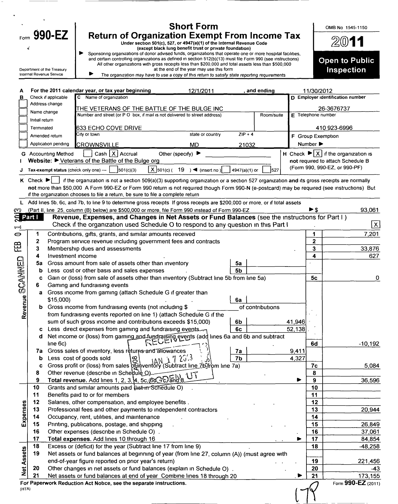 Image of first page of 2011 Form 990EO for Veterans of the Battle of the Bulge