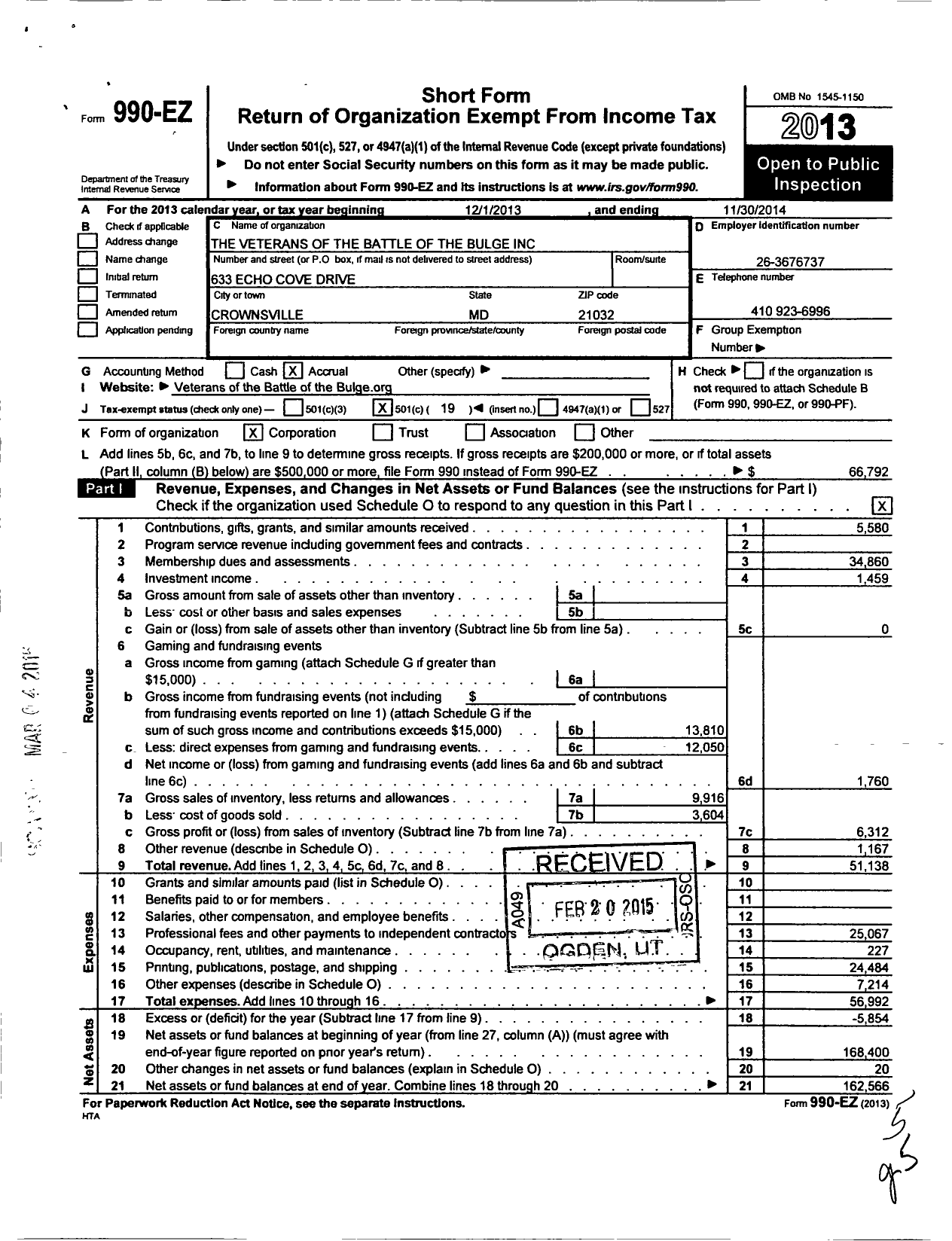 Image of first page of 2013 Form 990EO for Veterans of the Battle of the Bulge