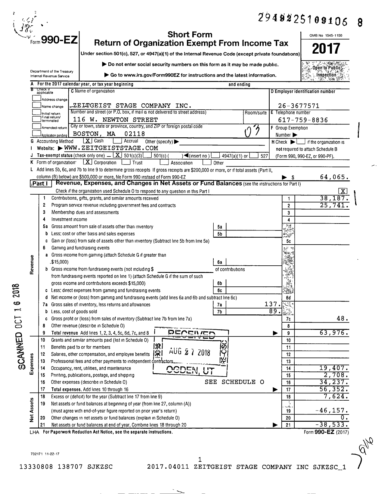 Image of first page of 2017 Form 990EZ for Zeitgeist Stage Company