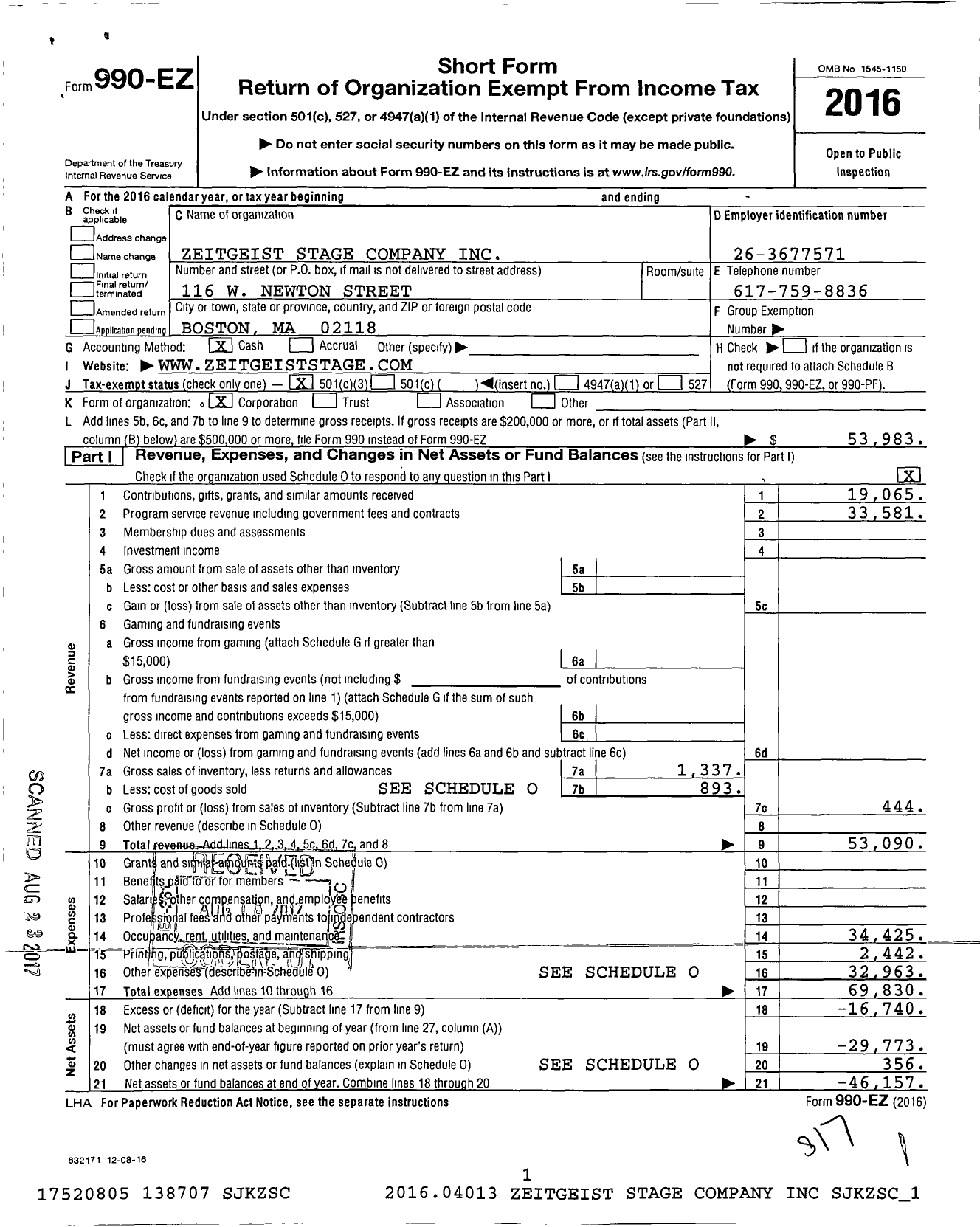 Image of first page of 2016 Form 990EZ for Zeitgeist Stage Company