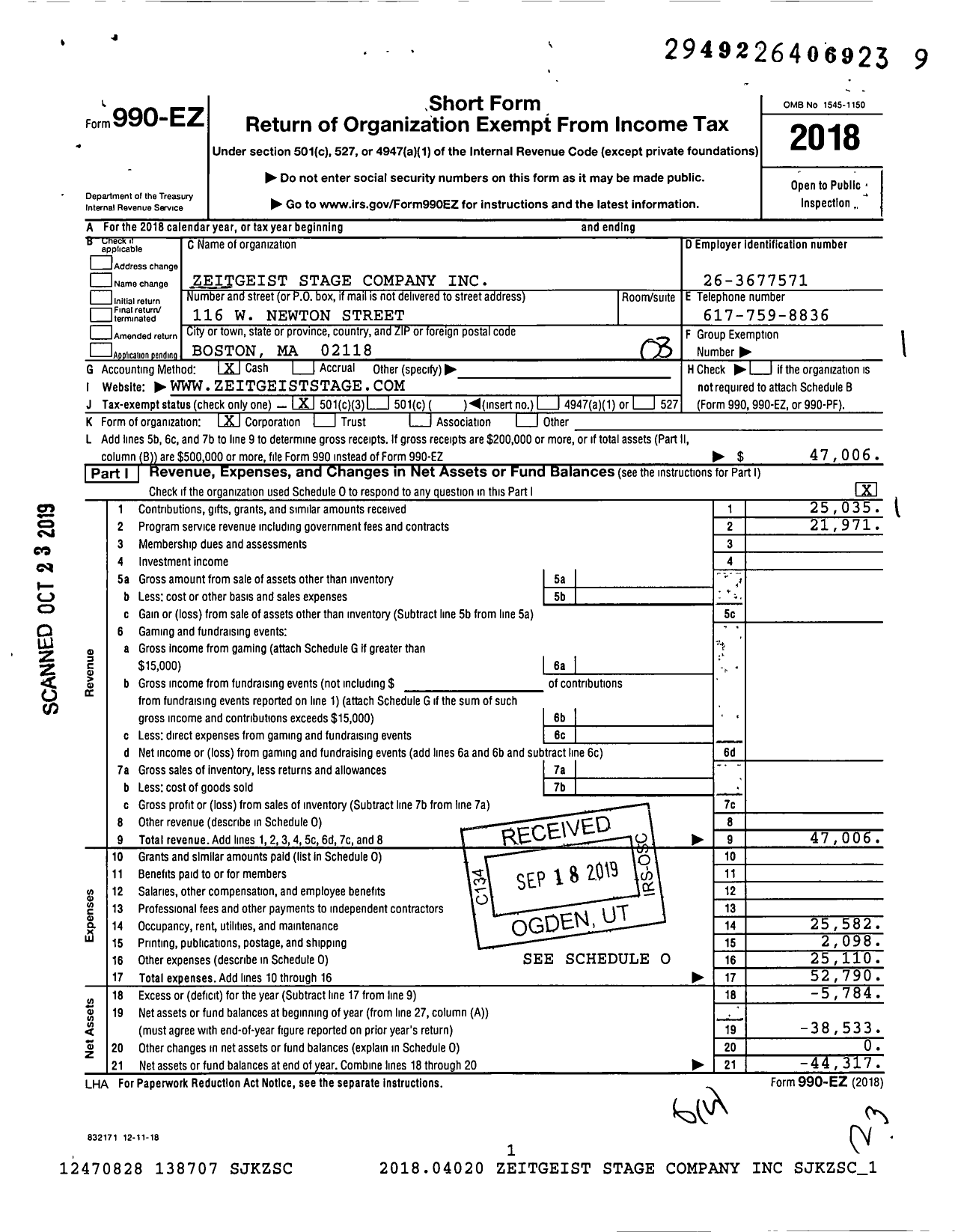 Image of first page of 2018 Form 990EZ for Zeitgeist Stage Company