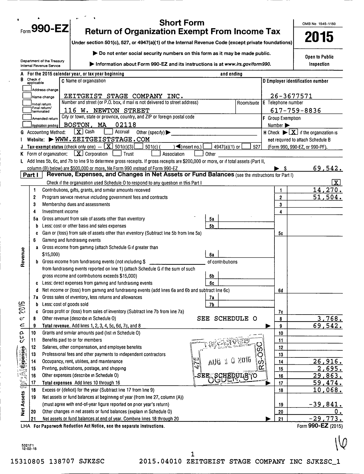 Image of first page of 2015 Form 990EZ for Zeitgeist Stage Company