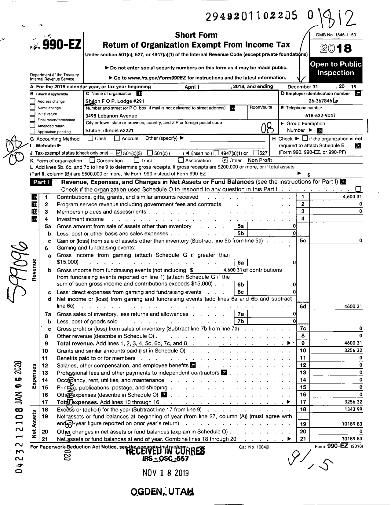 Image of first page of 2018 Form 990EO for Shiloh Police Fraternal Order of Police Lodge 291