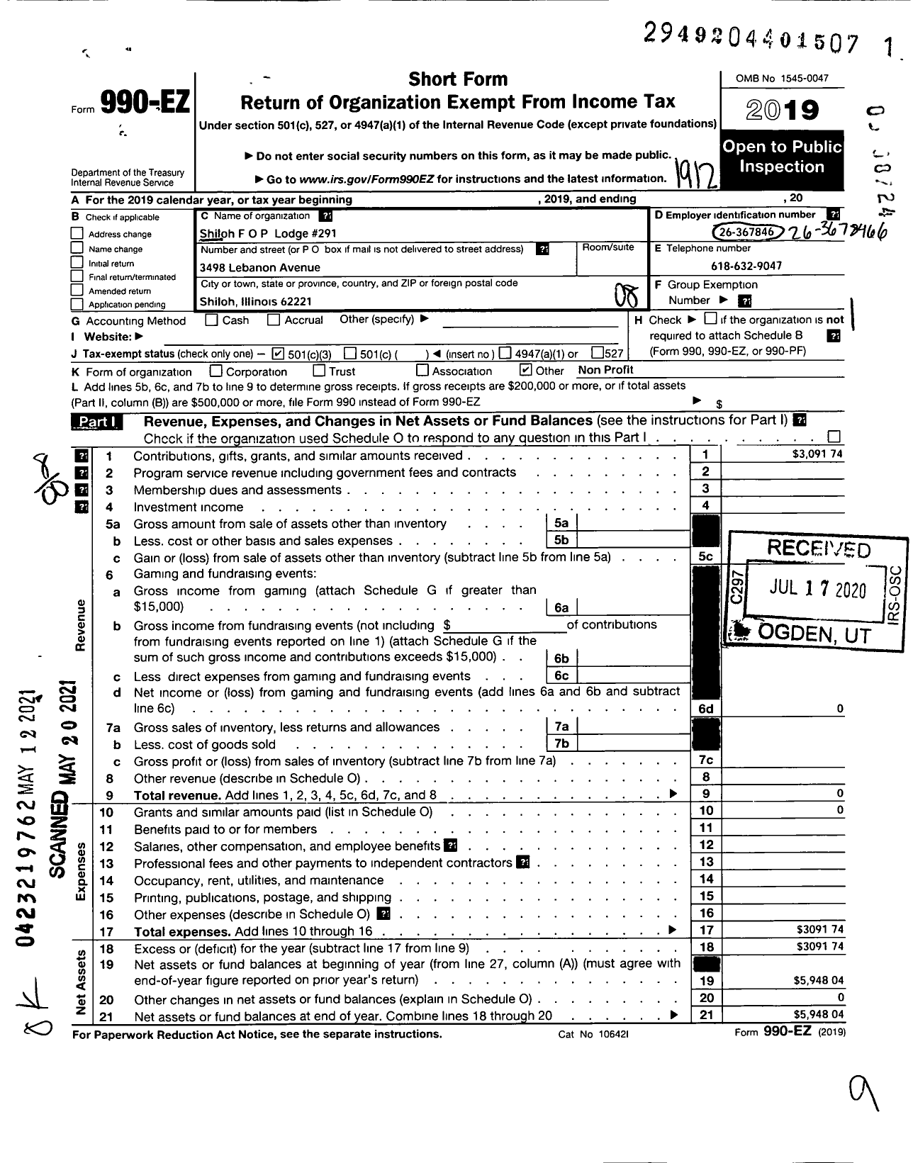 Image of first page of 2019 Form 990EO for Shiloh Police Fraternal Order of Police Lodge 291