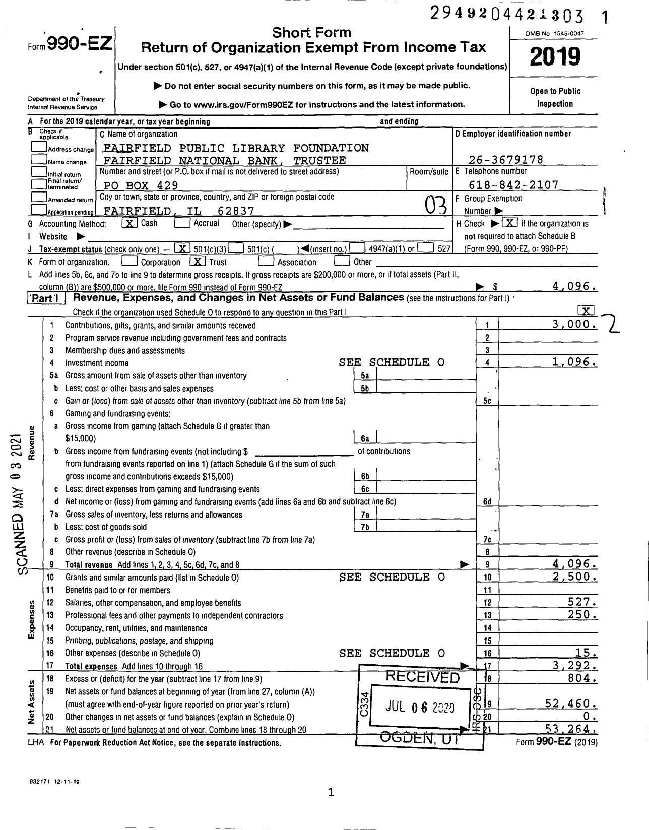 Image of first page of 2019 Form 990EZ for Fairfield Public Library Foundation Fairfield National Bank Trustee