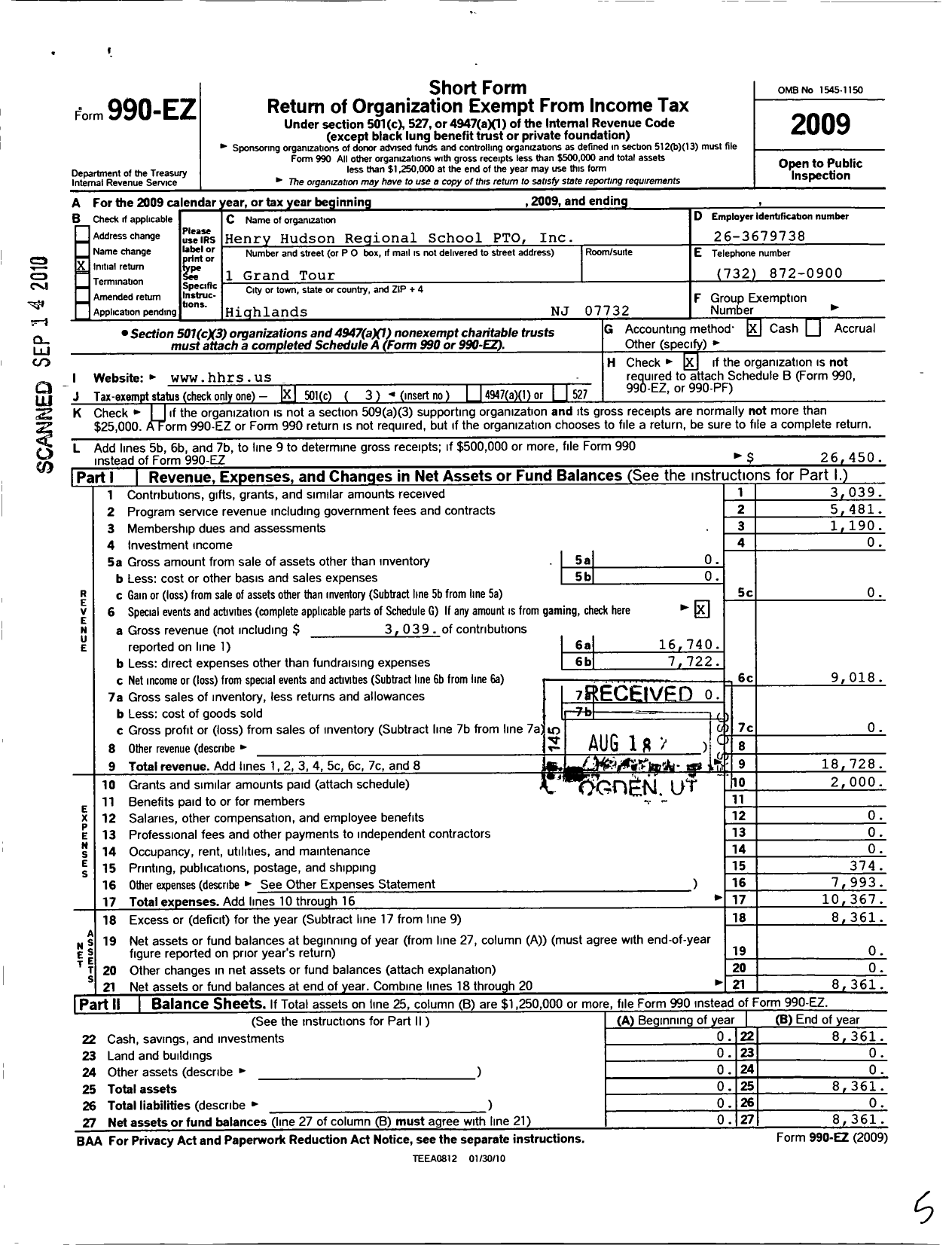 Image of first page of 2009 Form 990EZ for Henry Hudson Regional School Pto