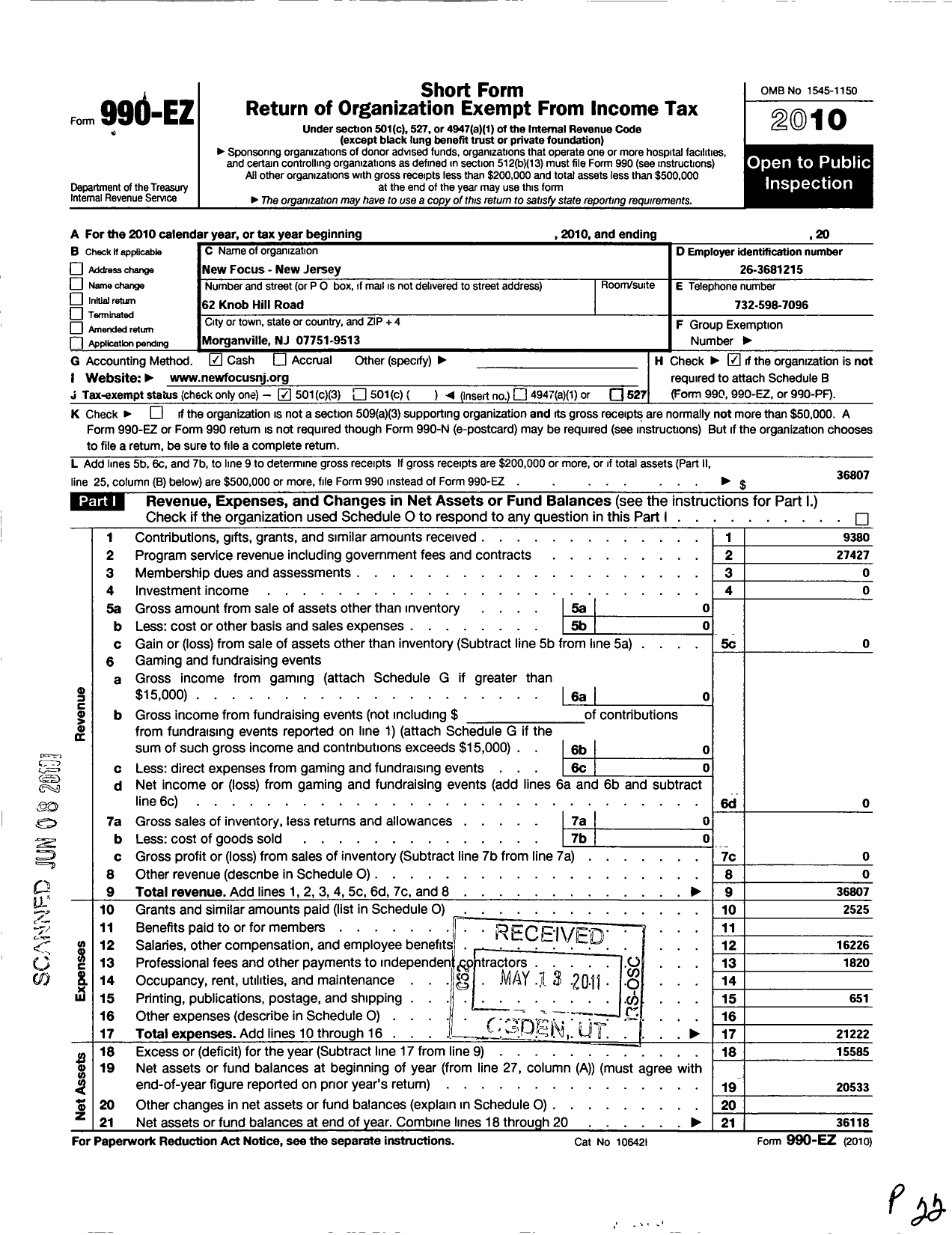 Image of first page of 2010 Form 990EZ for New Focus - New Jersey