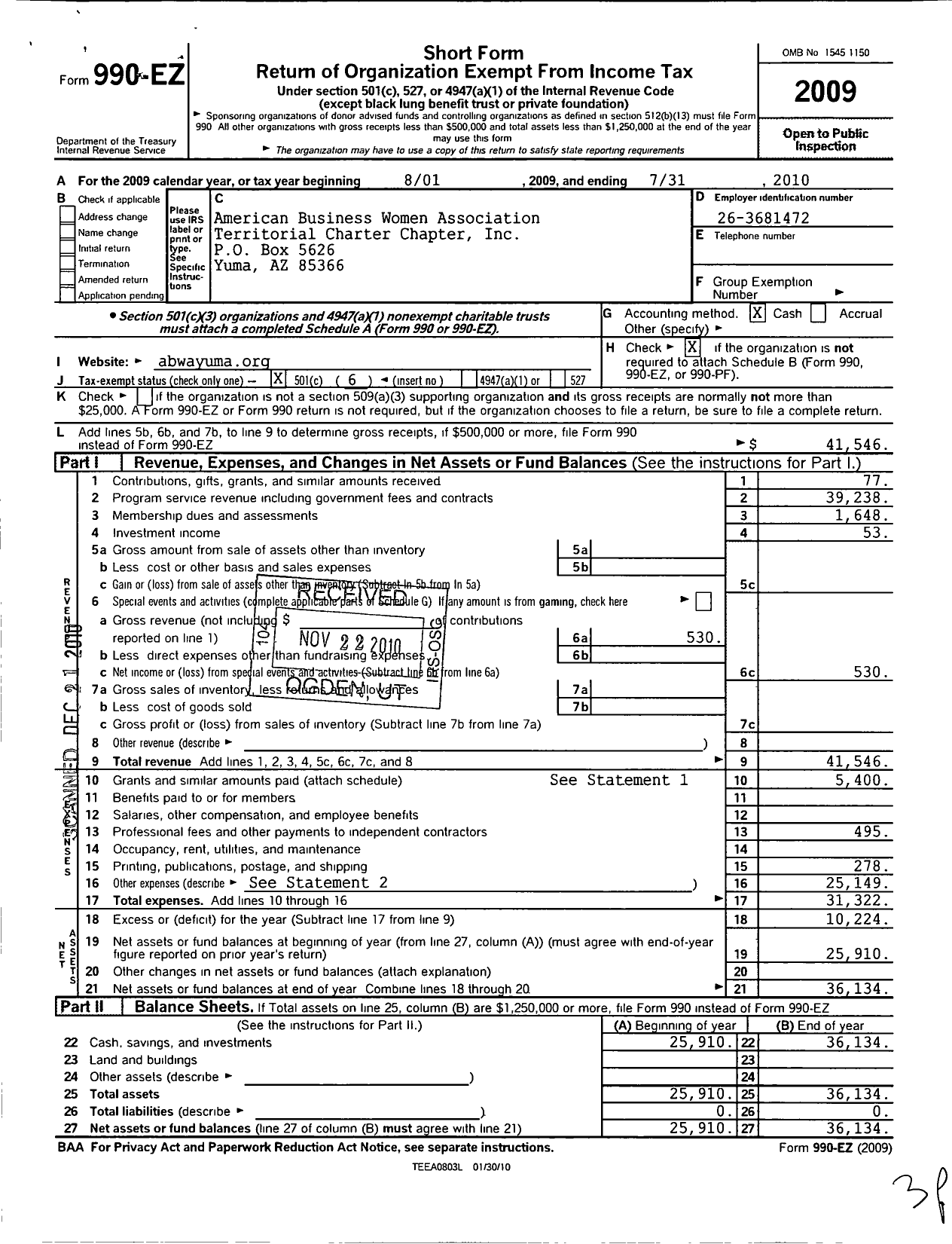 Image of first page of 2009 Form 990EO for American Business Women Association Territorial Charter Chapter