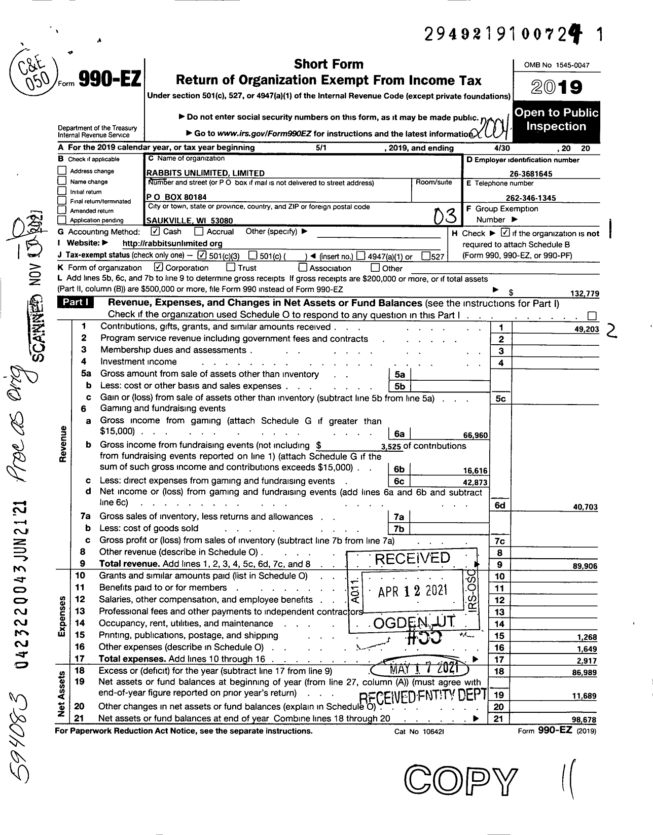 Image of first page of 2019 Form 990EZ for Rabbits Unlimited Limited