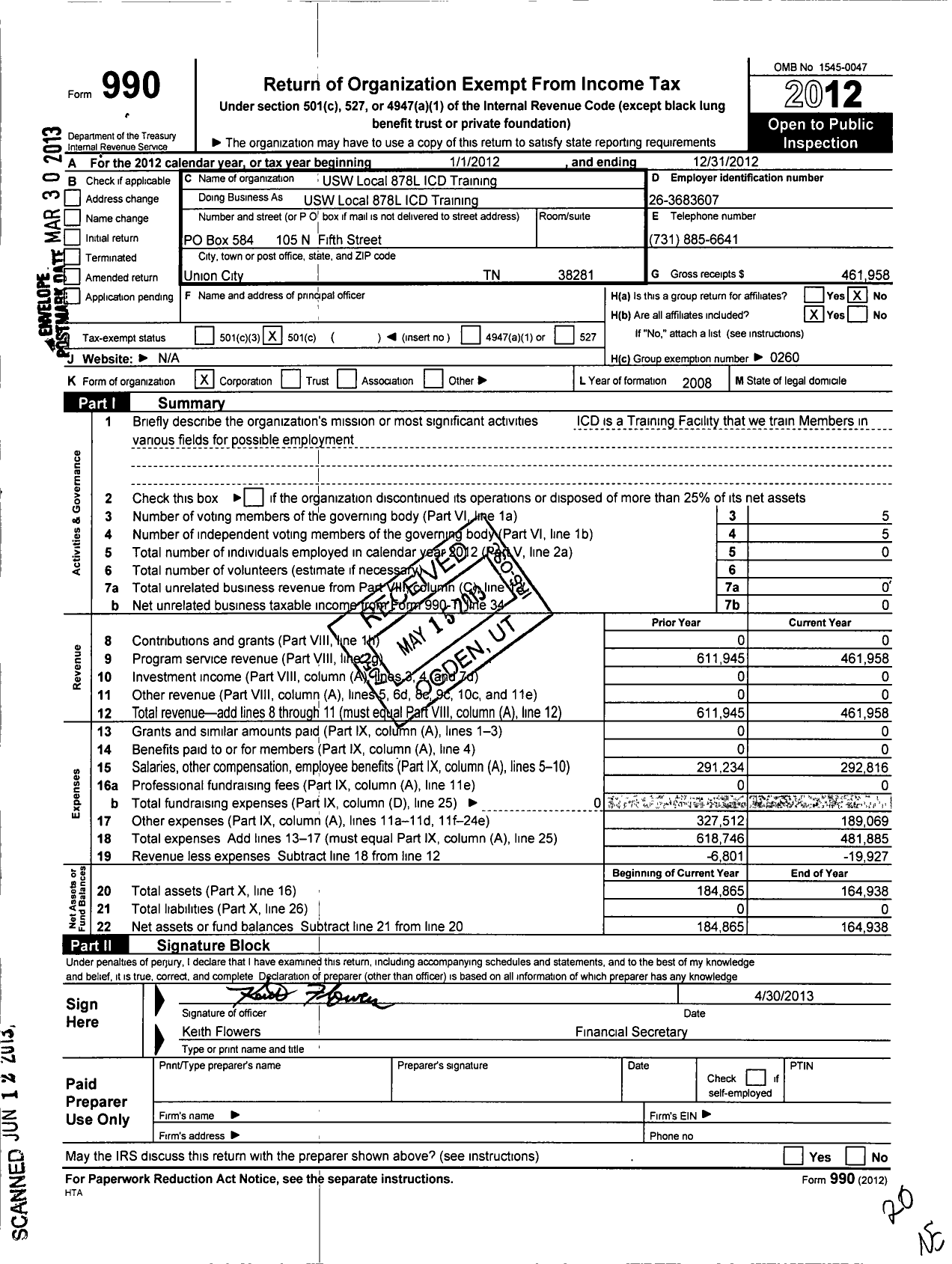 Image of first page of 2012 Form 990O for United Steelworkers - 878l Institute Career Dev Training