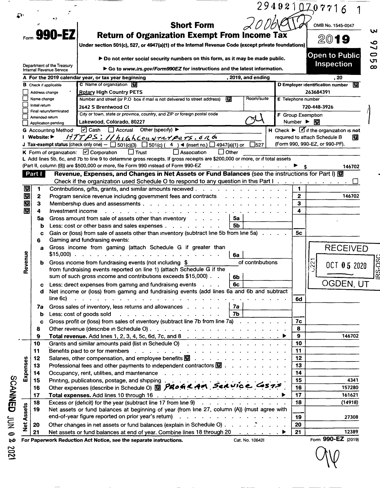 Image of first page of 2019 Form 990EO for Rotary High Country Pets