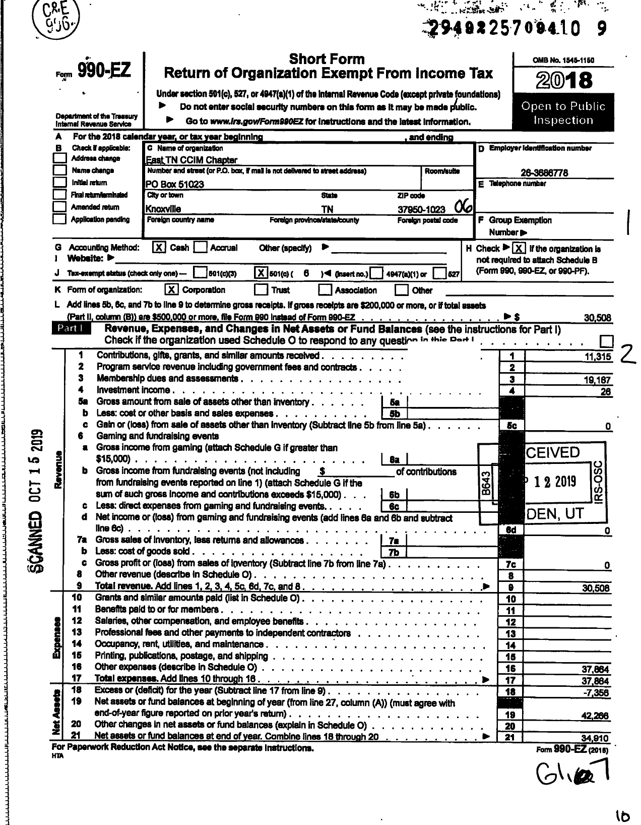 Image of first page of 2018 Form 990EO for East Tennessee Ccim Chapter