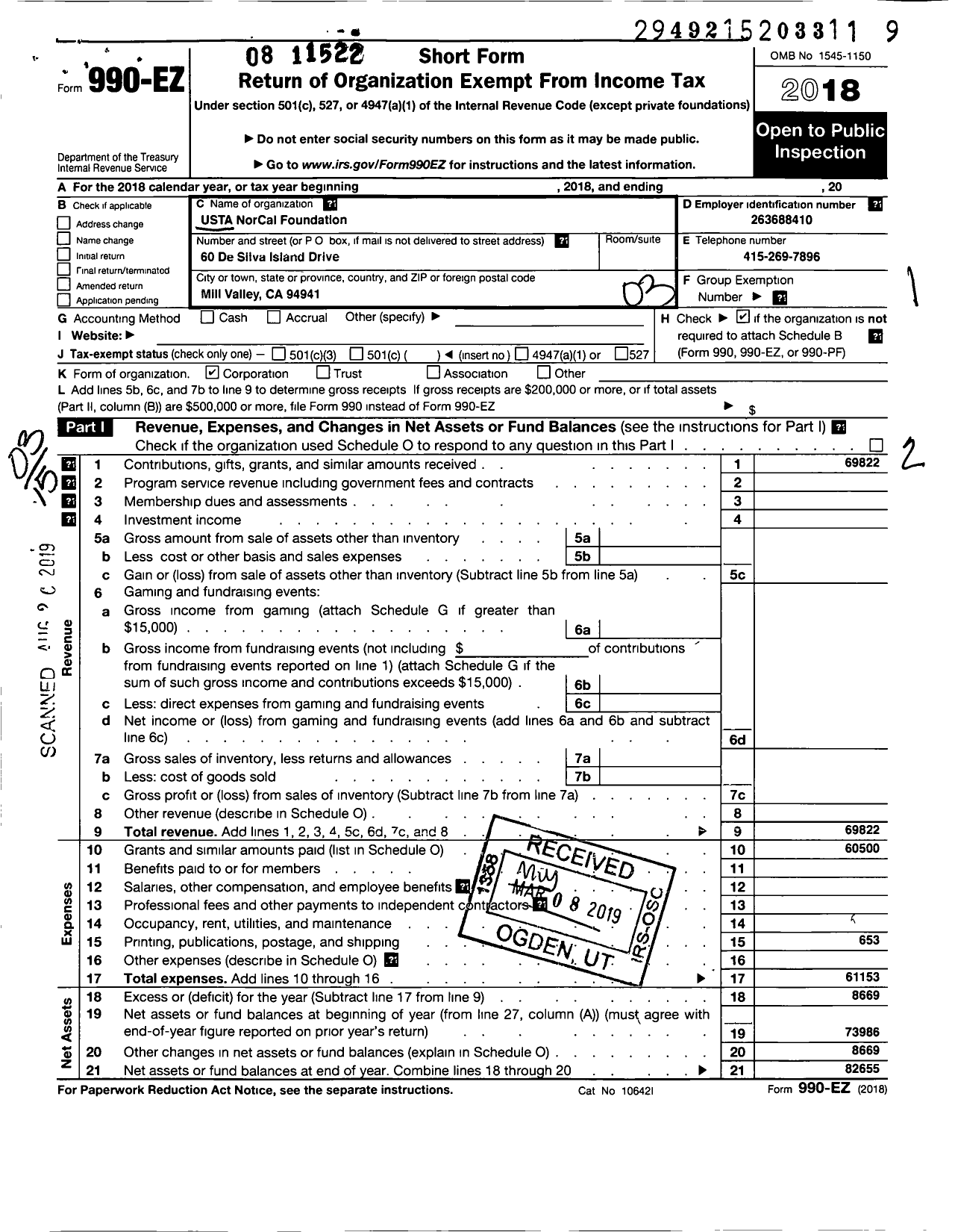 Image of first page of 2018 Form 990EZ for Usta Norcal Foundation