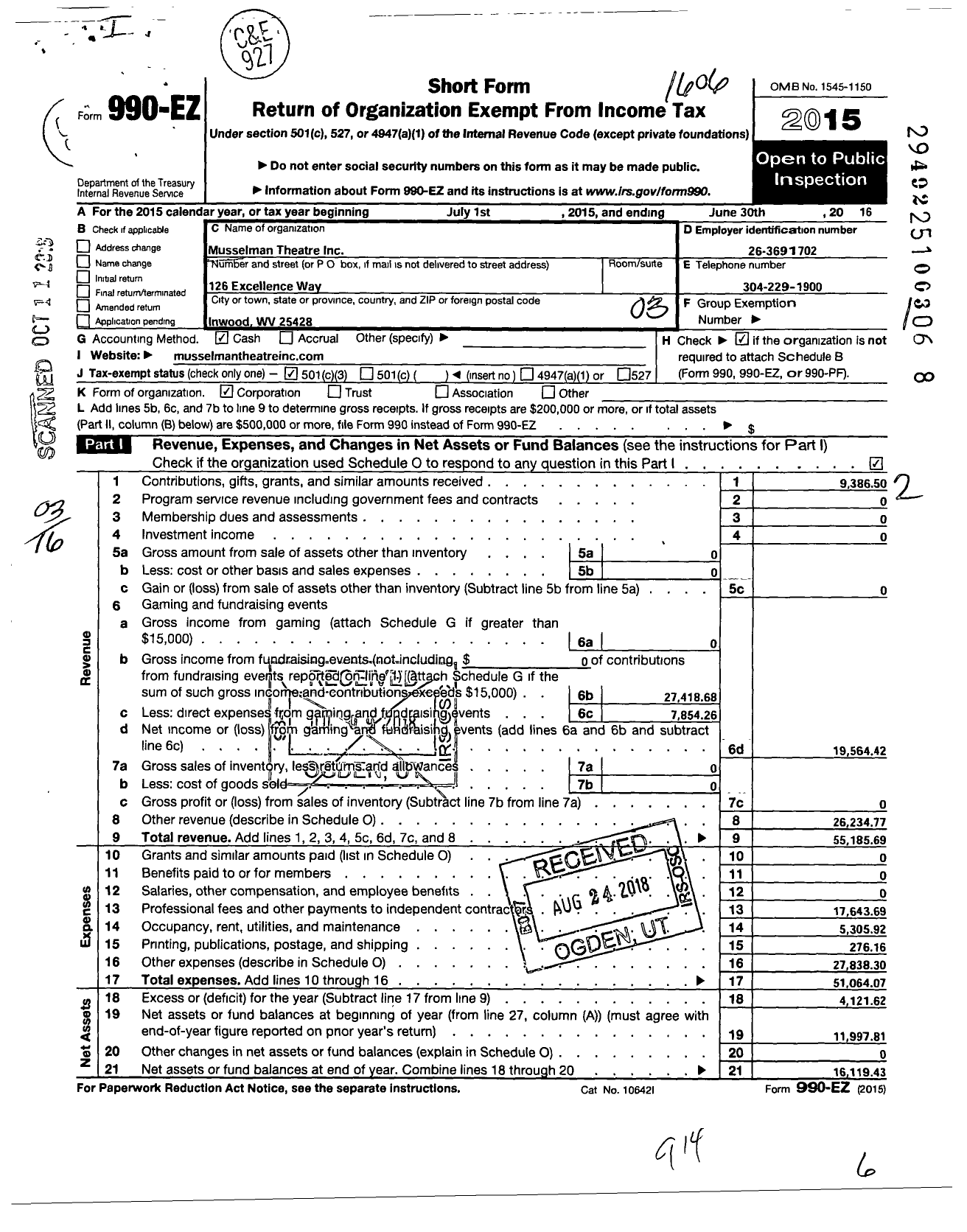 Image of first page of 2015 Form 990EZ for Musselman Theatre