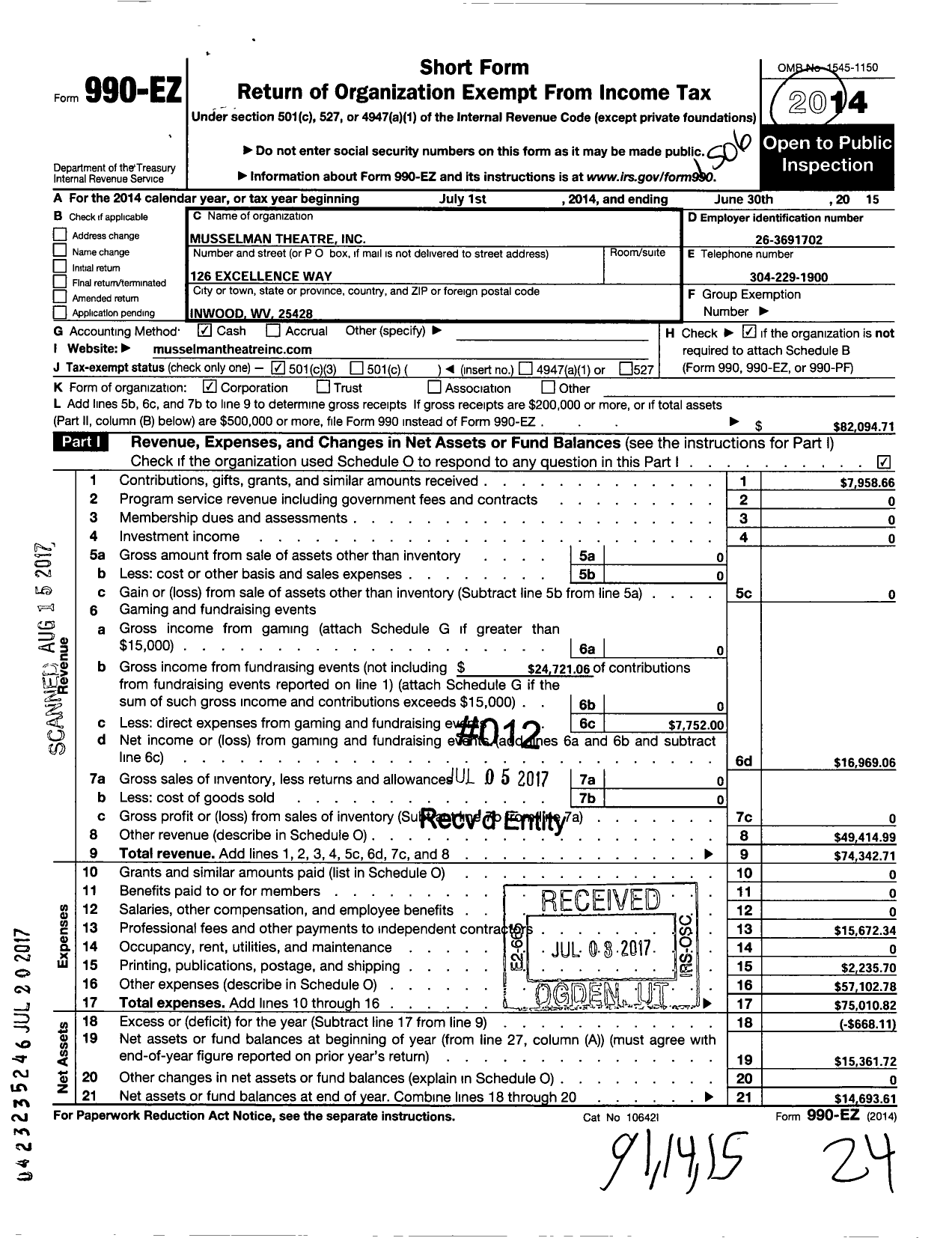 Image of first page of 2014 Form 990EZ for Musselman Theatre