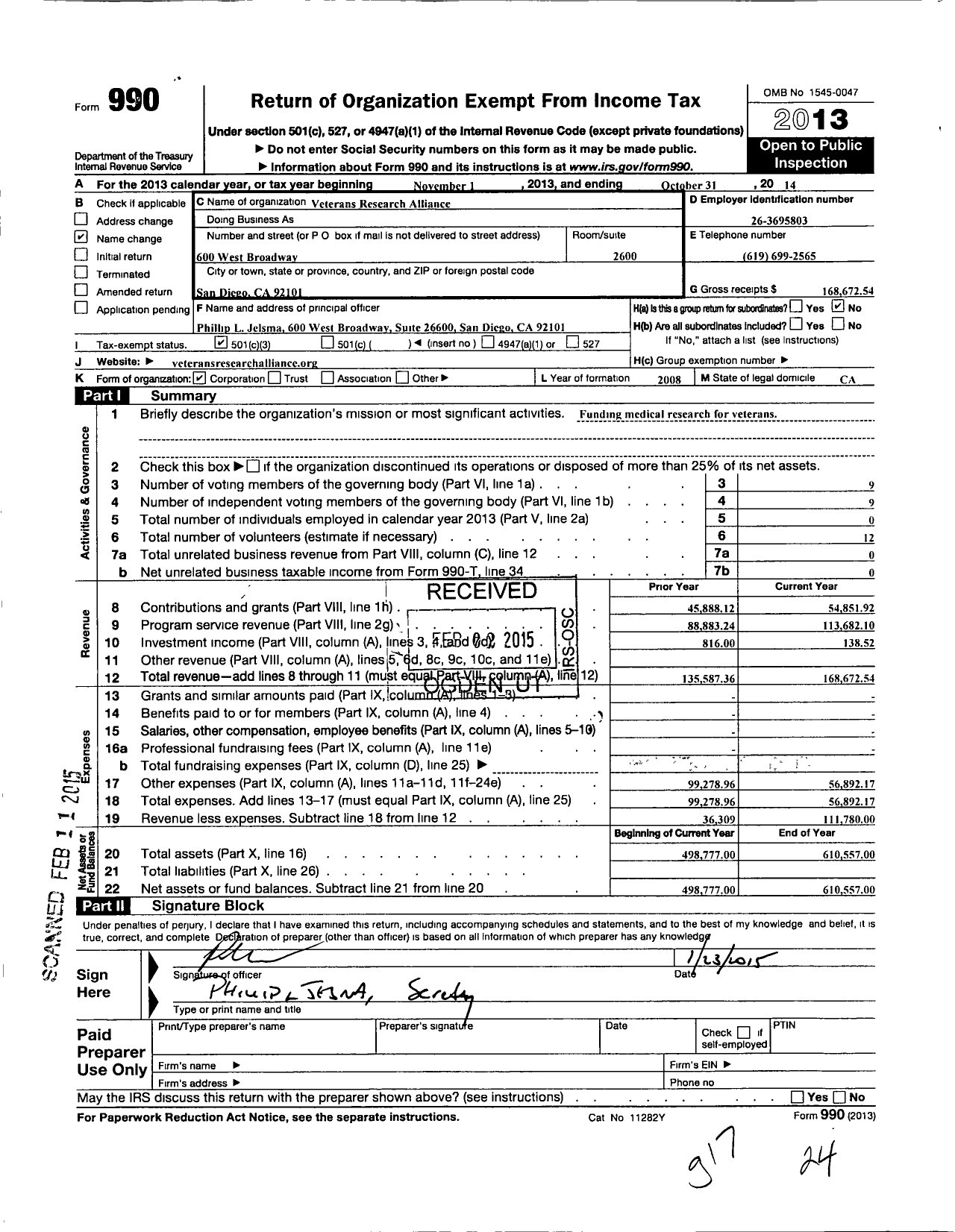 Image of first page of 2013 Form 990 for Veterans Research Alliance