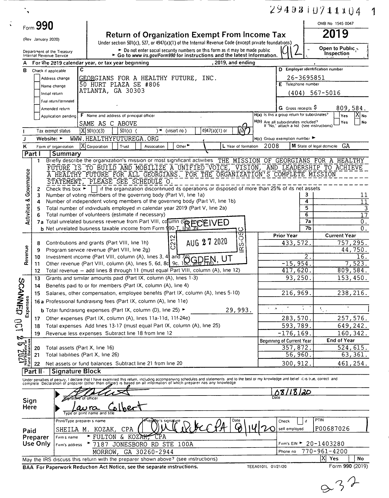 Image of first page of 2019 Form 990 for Georgians for A Healthy Future