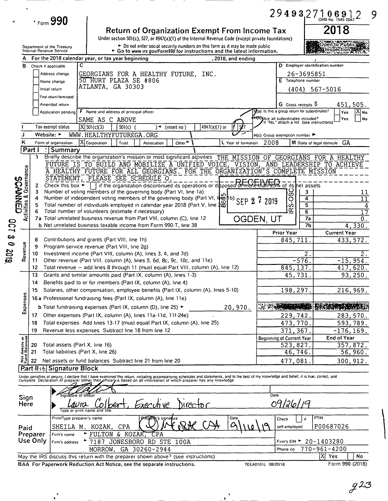 Image of first page of 2018 Form 990 for Georgians for A Healthy Future