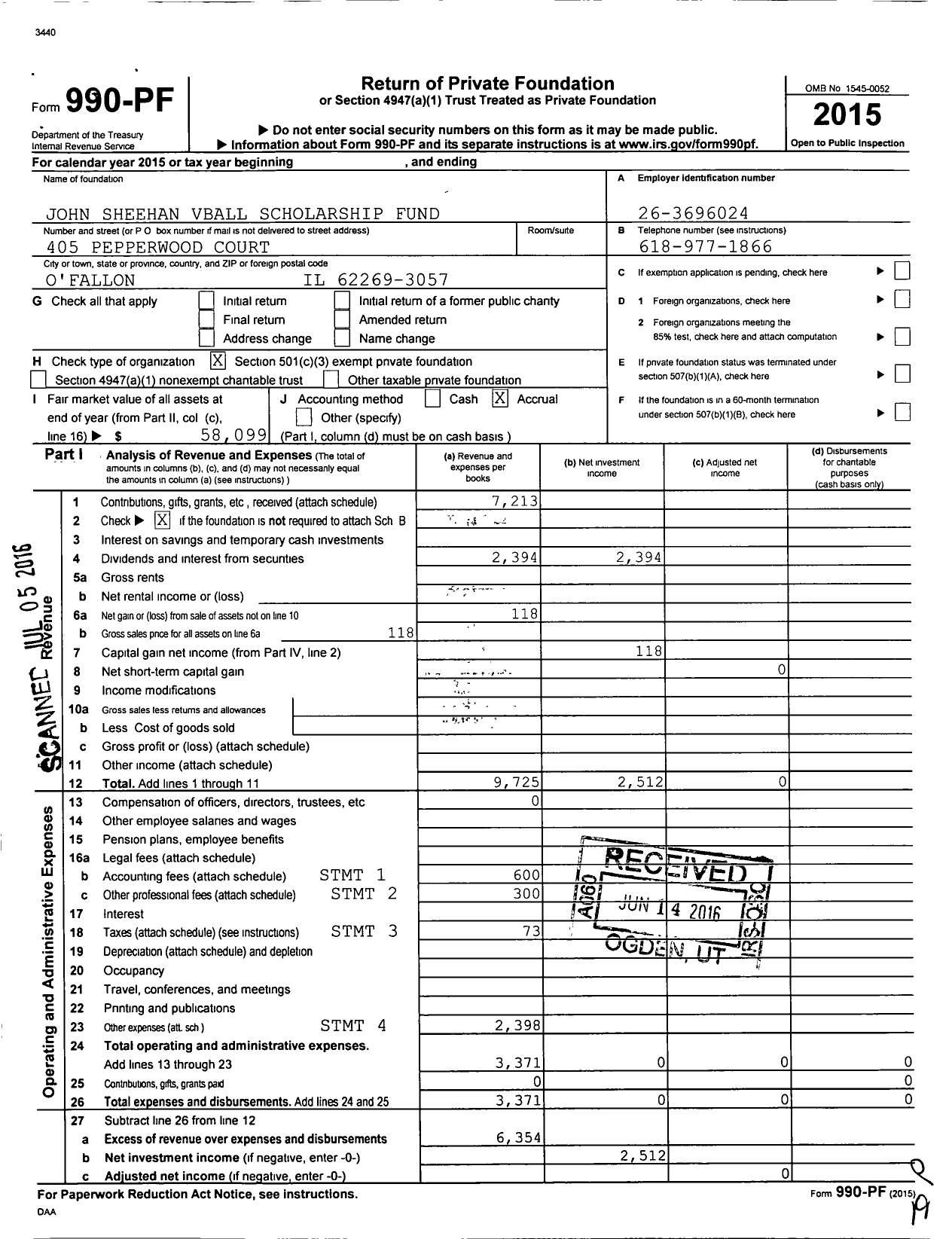 Image of first page of 2015 Form 990PF for John Sheehan Vball Scholarship Fund