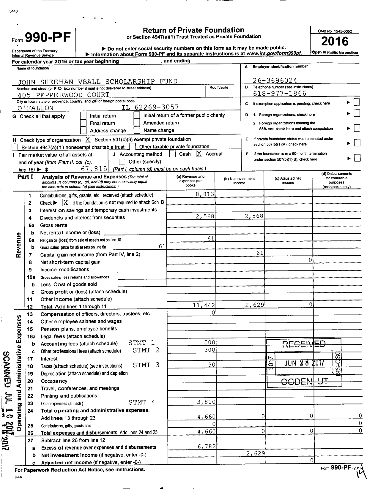 Image of first page of 2016 Form 990PF for John Sheehan Vball Scholarship Fund