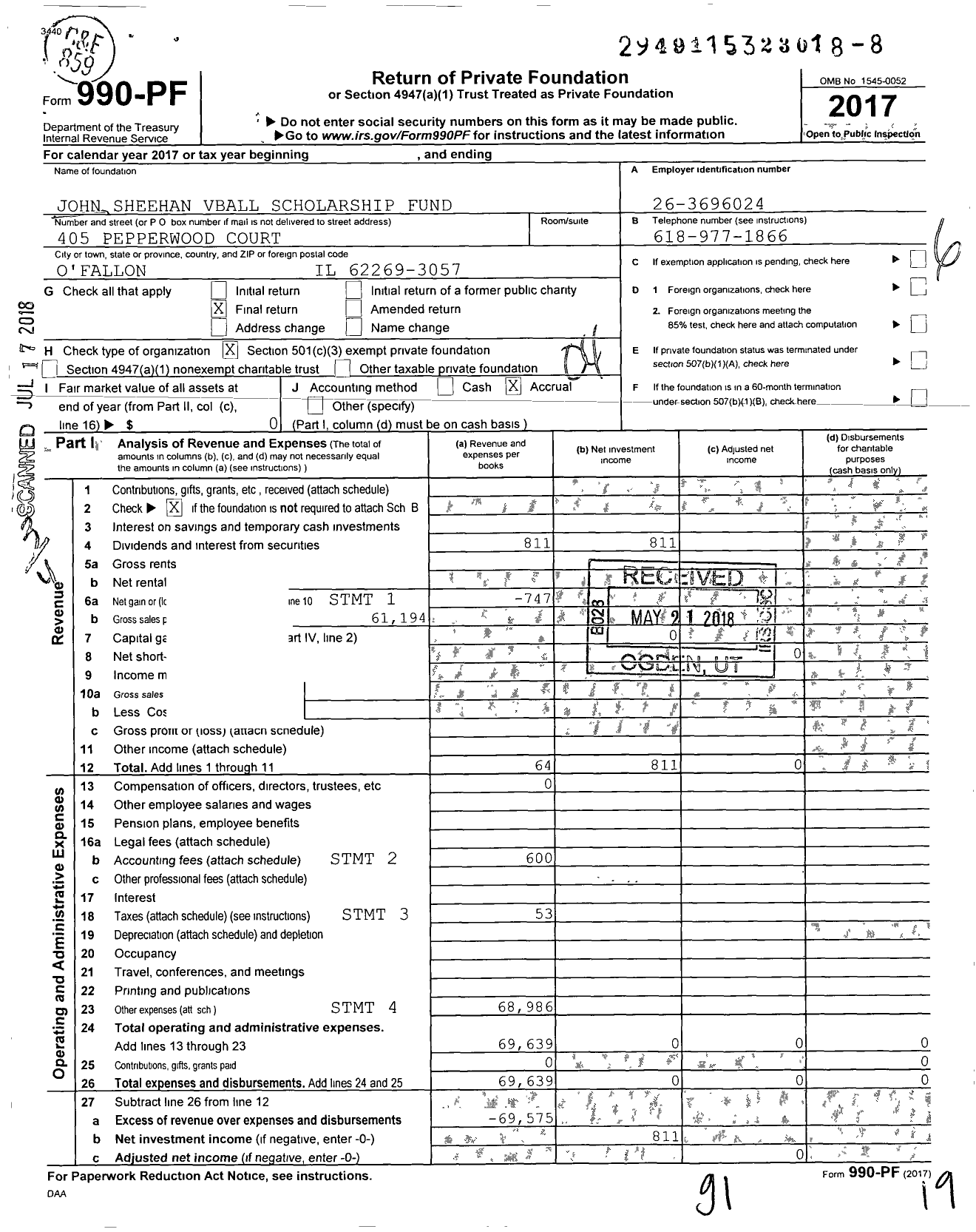 Image of first page of 2017 Form 990PF for John Sheehan Vball Scholarship Fund