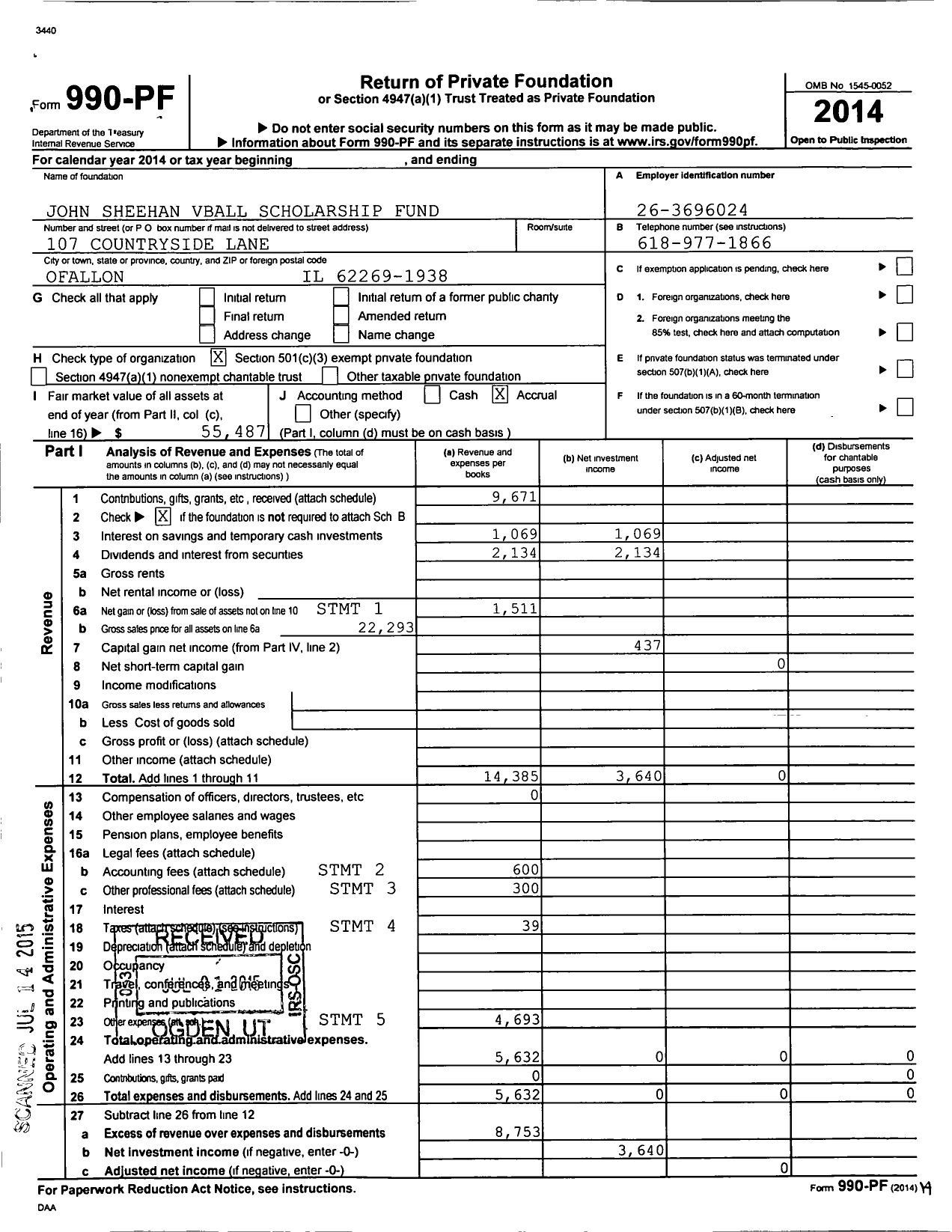 Image of first page of 2014 Form 990PF for John Sheehan Vball Scholarship Fund