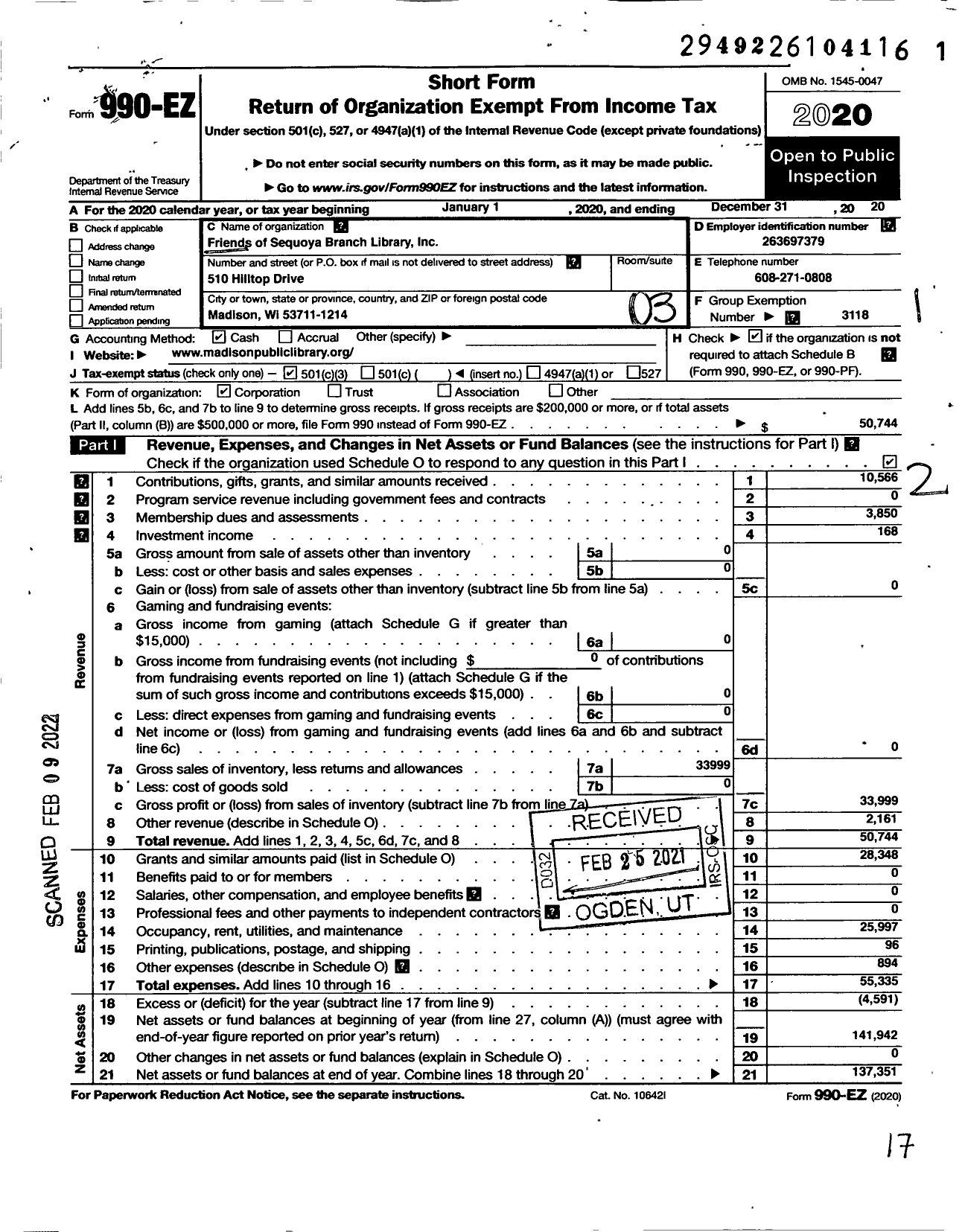 Image of first page of 2020 Form 990EZ for Friends of Sequoya Branch Library