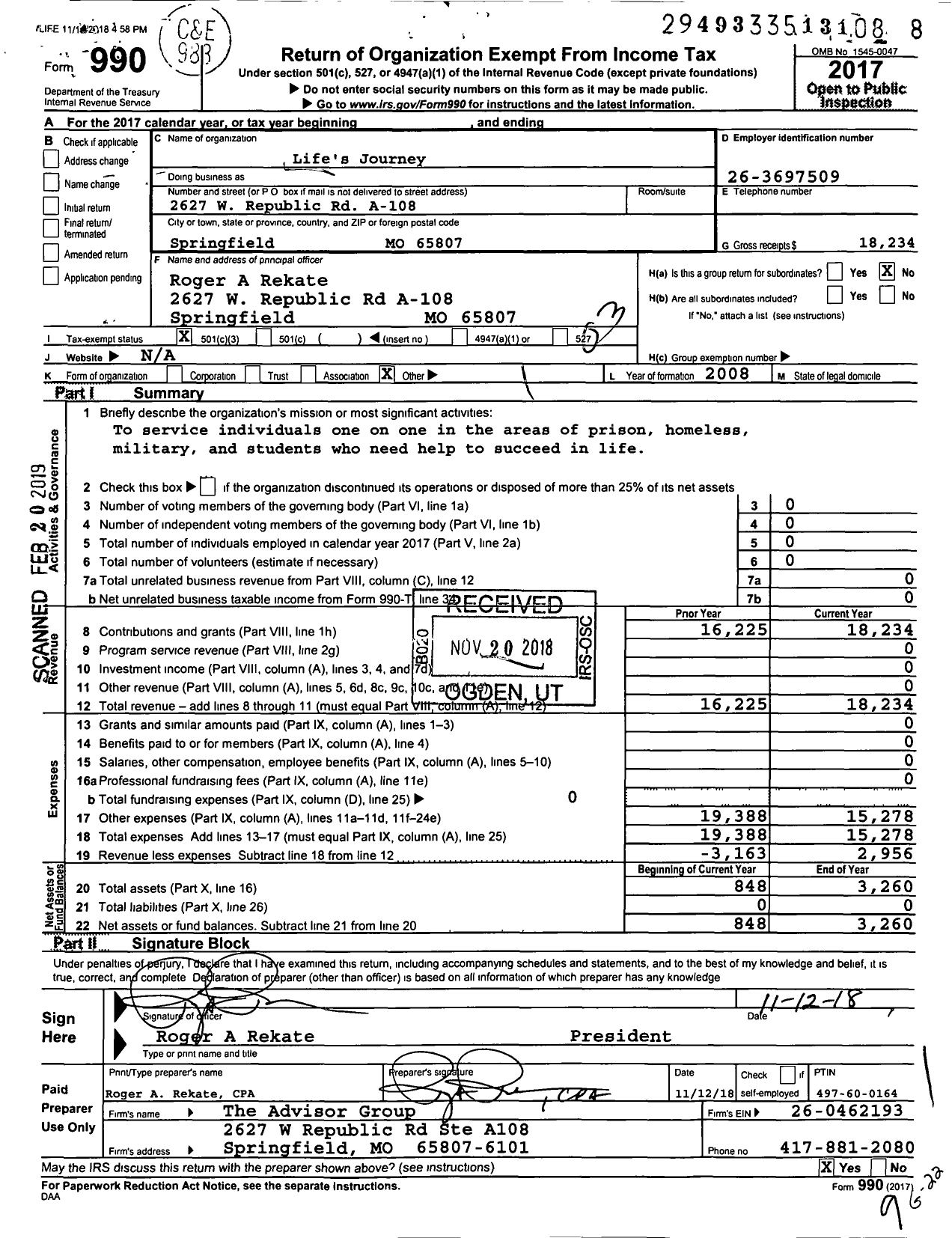 Image of first page of 2017 Form 990 for Lifes Journey