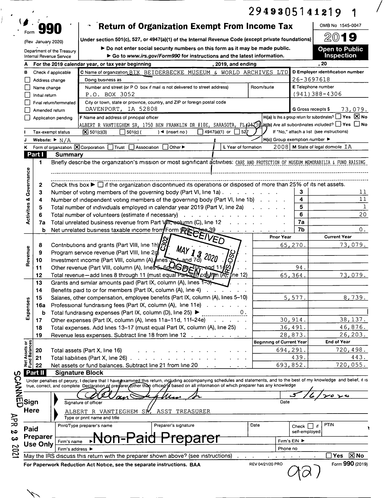 Image of first page of 2019 Form 990 for Bix Beiderbecke Museum and World Archives