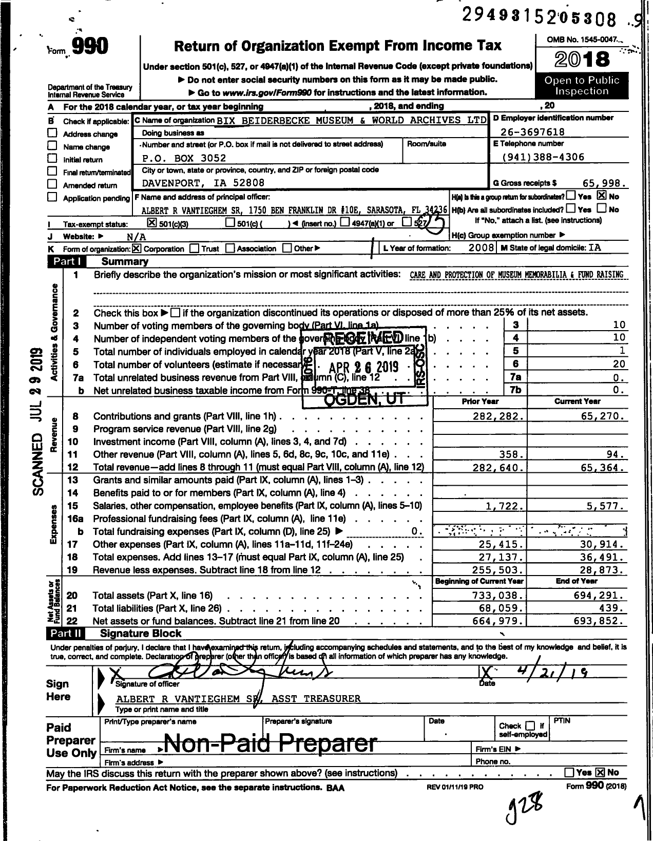 Image of first page of 2018 Form 990 for Bix Beiderbecke Museum and World Archives