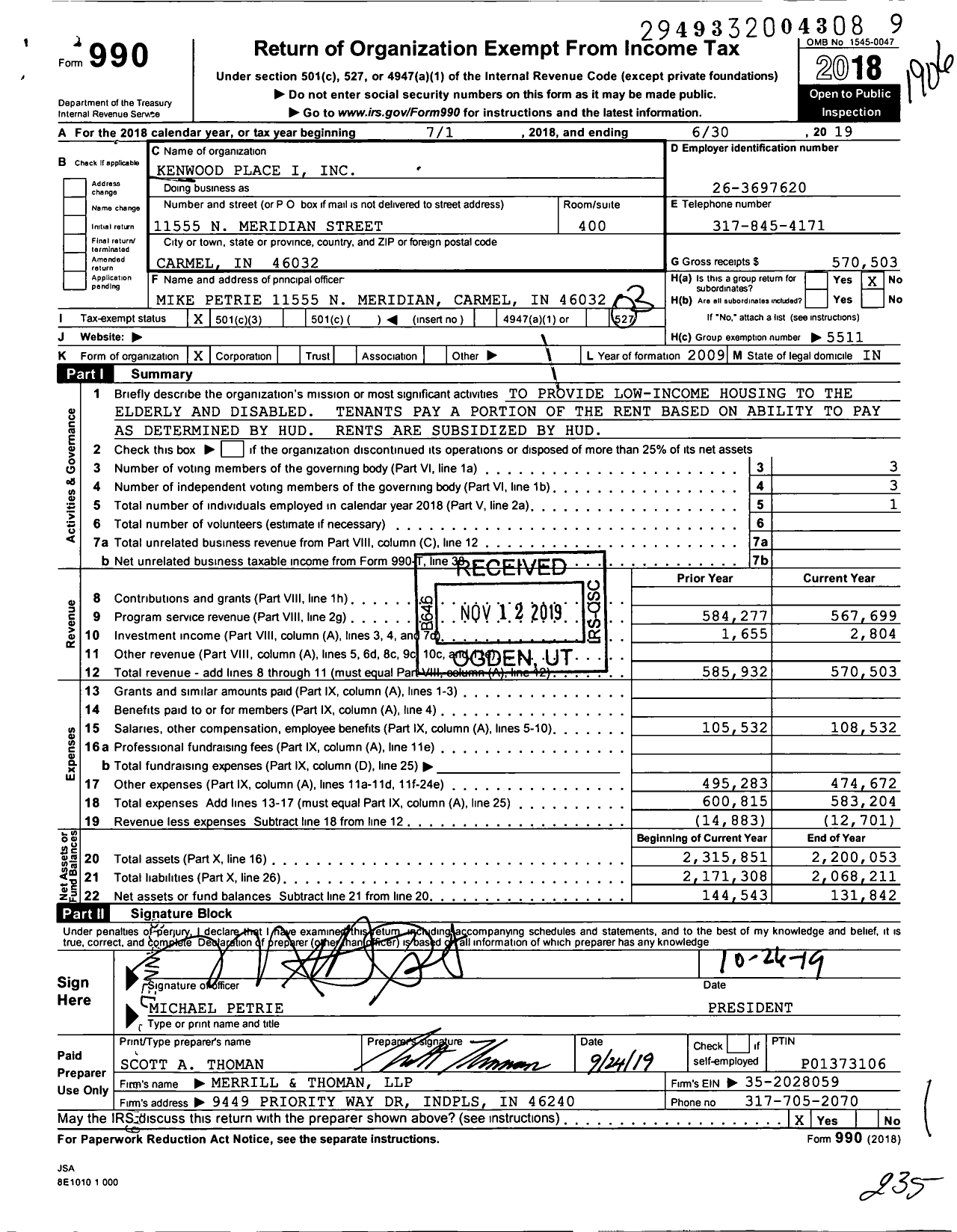 Image of first page of 2018 Form 990 for Kenwood Place I