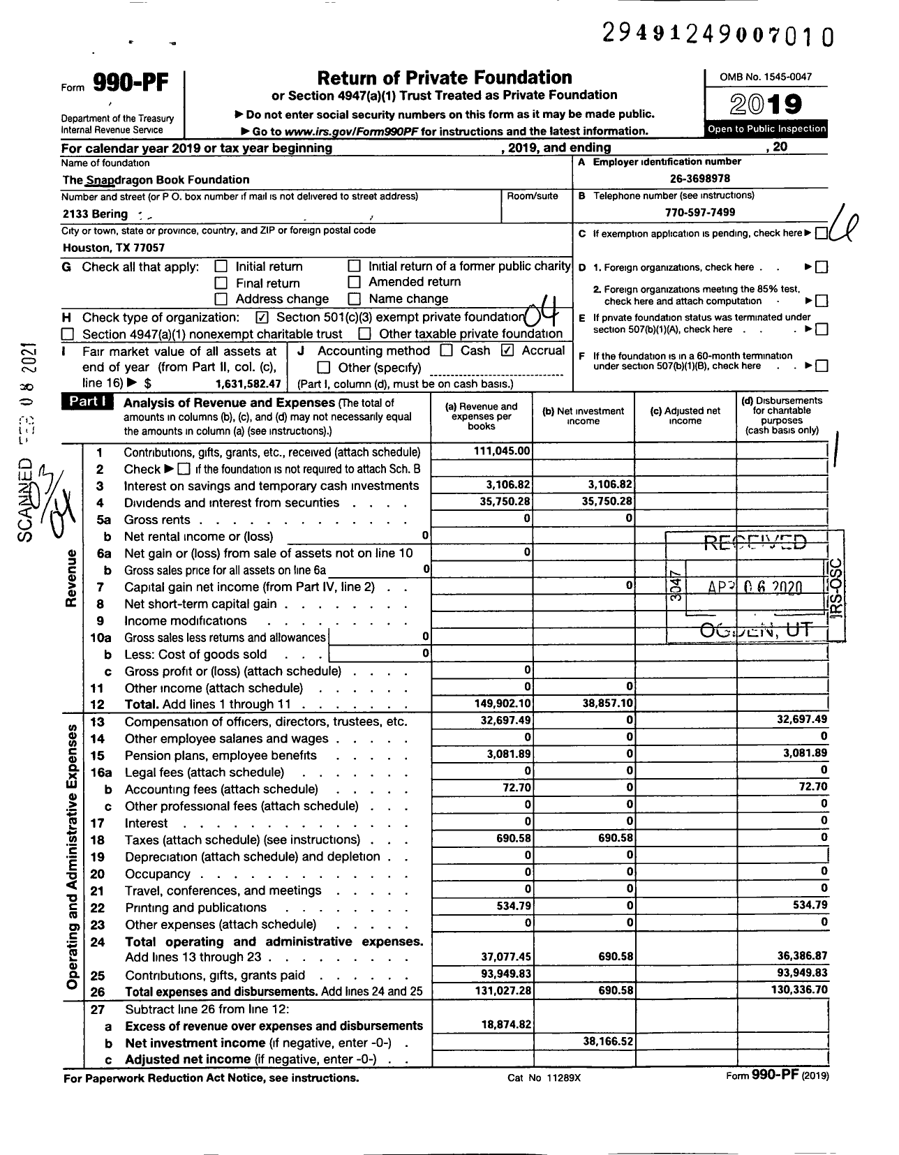 Image of first page of 2019 Form 990PF for The Snapdragon Book Foundation