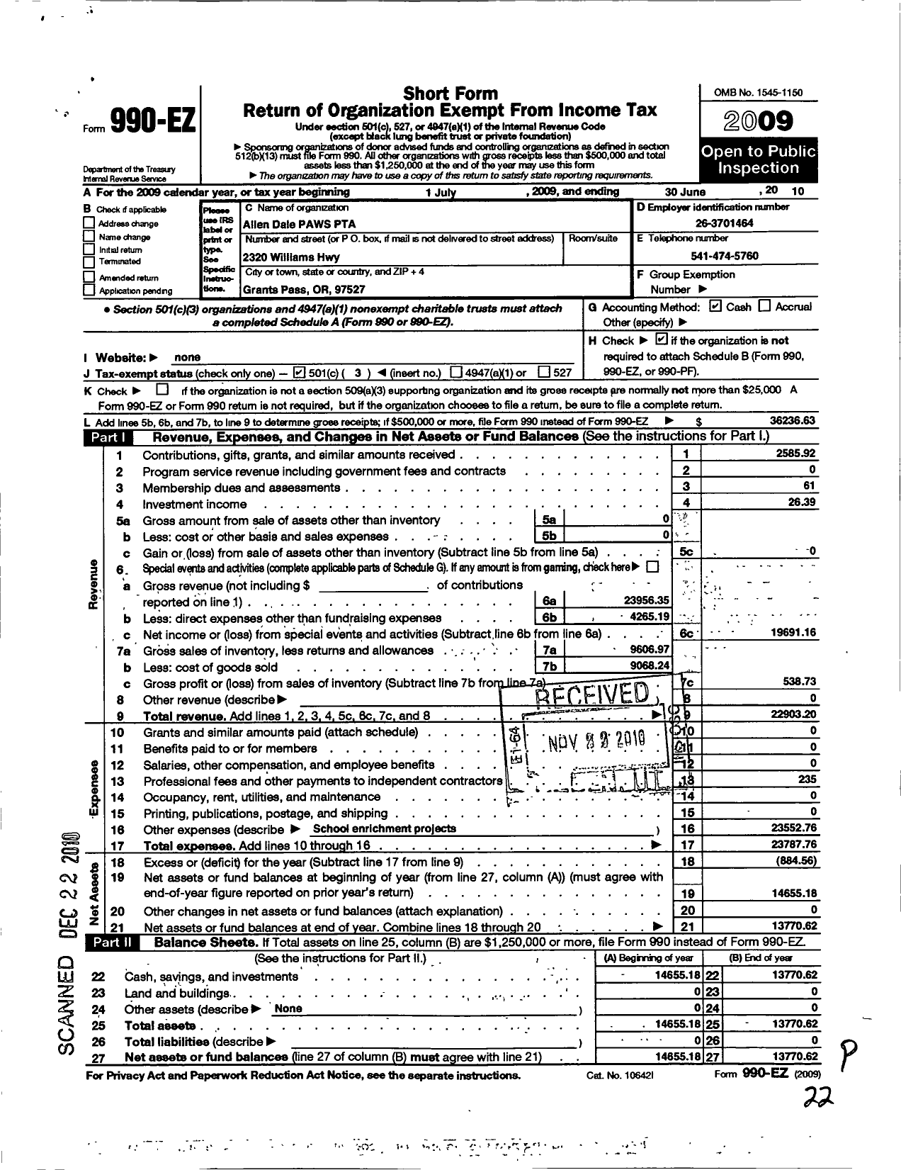 Image of first page of 2009 Form 990EZ for Allen Dale Paws PTA