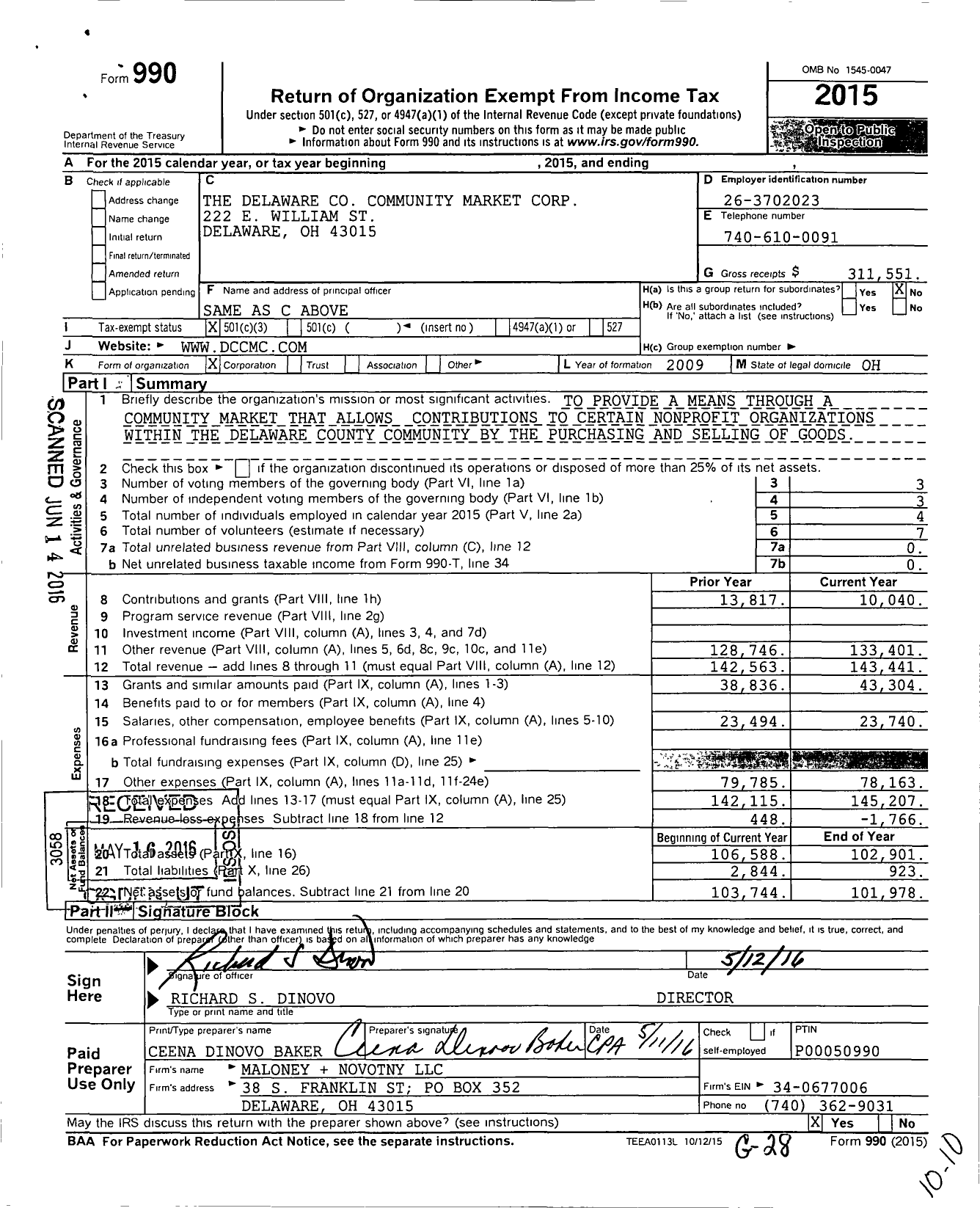 Image of first page of 2015 Form 990 for The Delaware Community Market Corporation