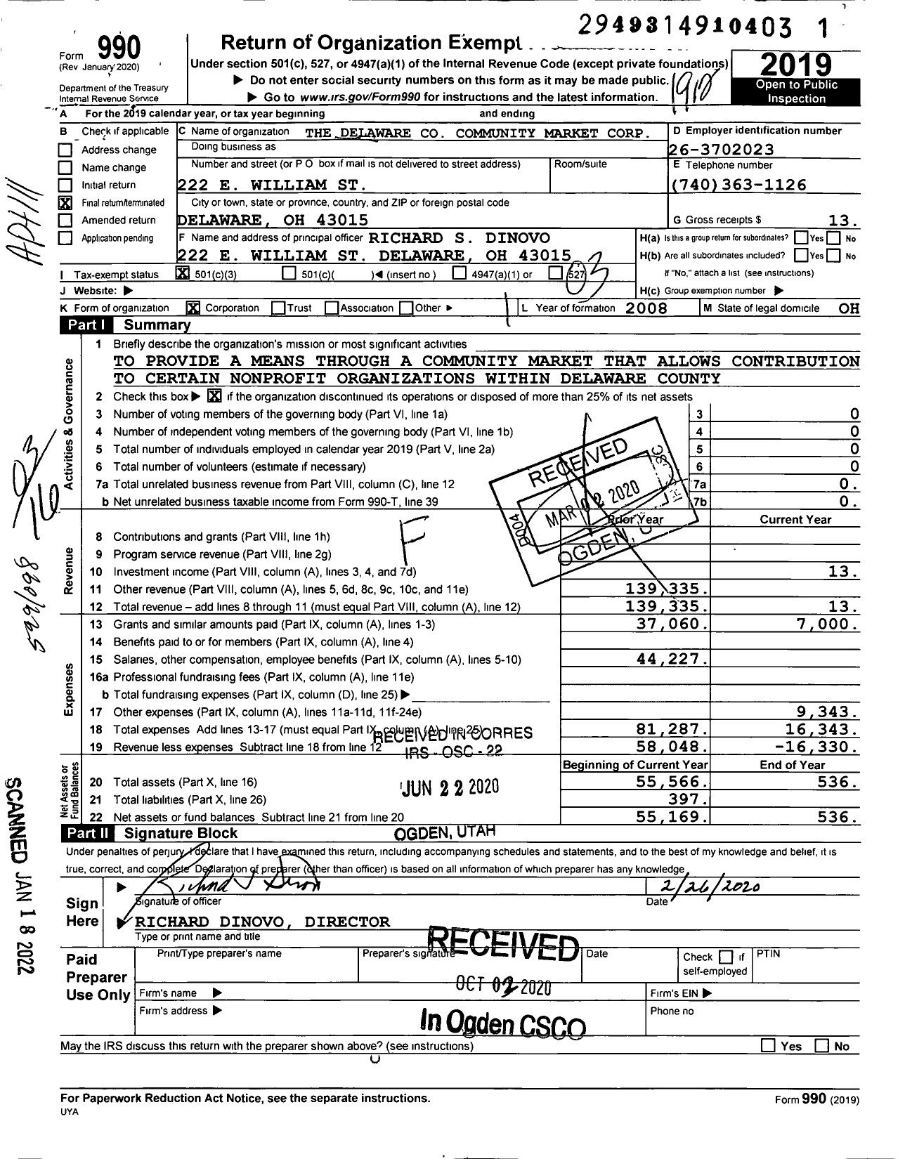 Image of first page of 2019 Form 990 for The Delaware Community Market Corporation