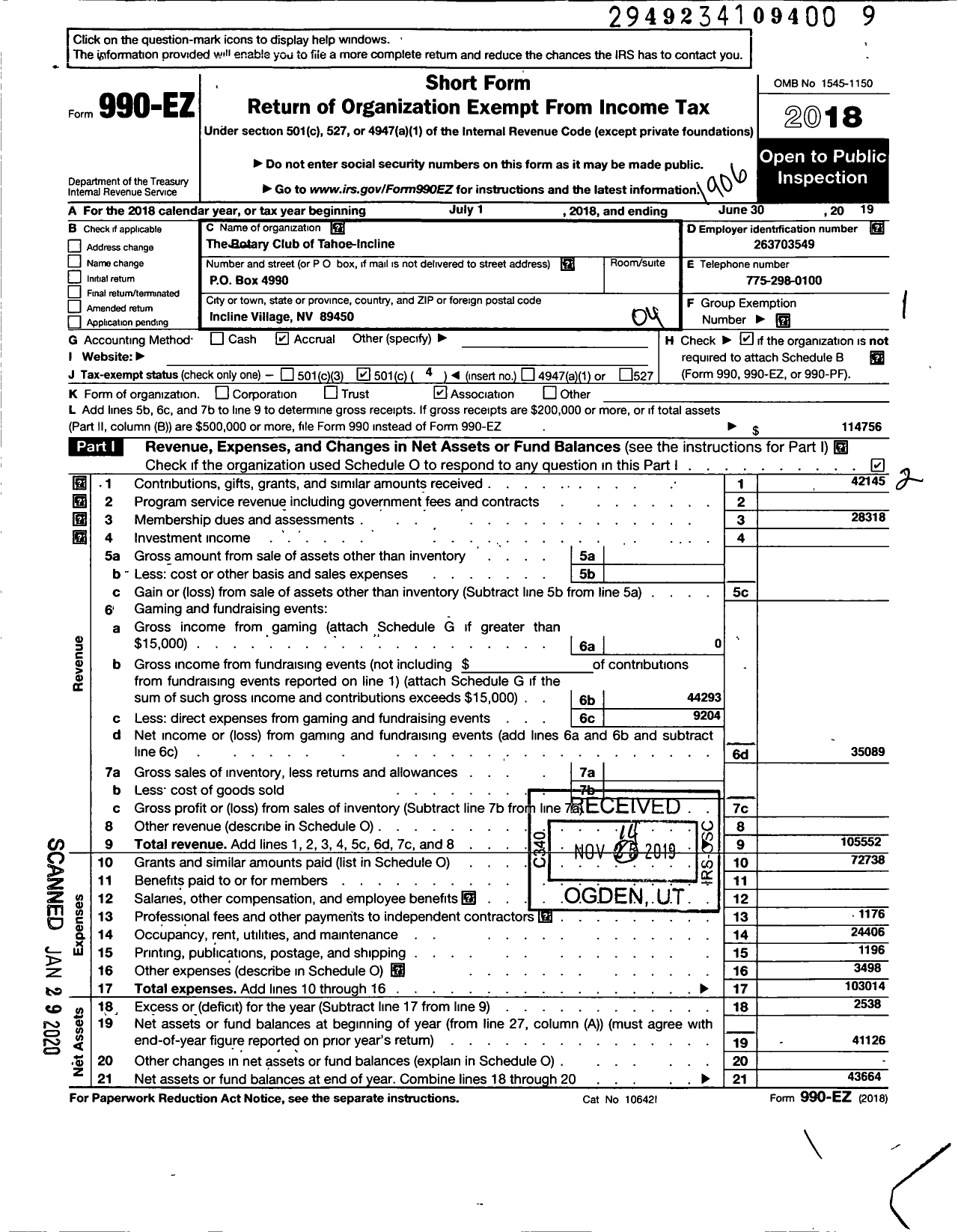 Image of first page of 2018 Form 990EO for Rotary Club of Tahoe-Incline