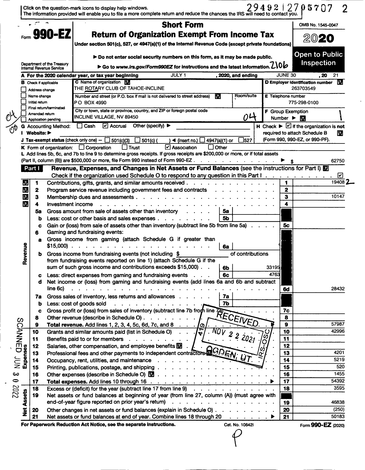 Image of first page of 2020 Form 990EO for Rotary Club of Tahoe-Incline