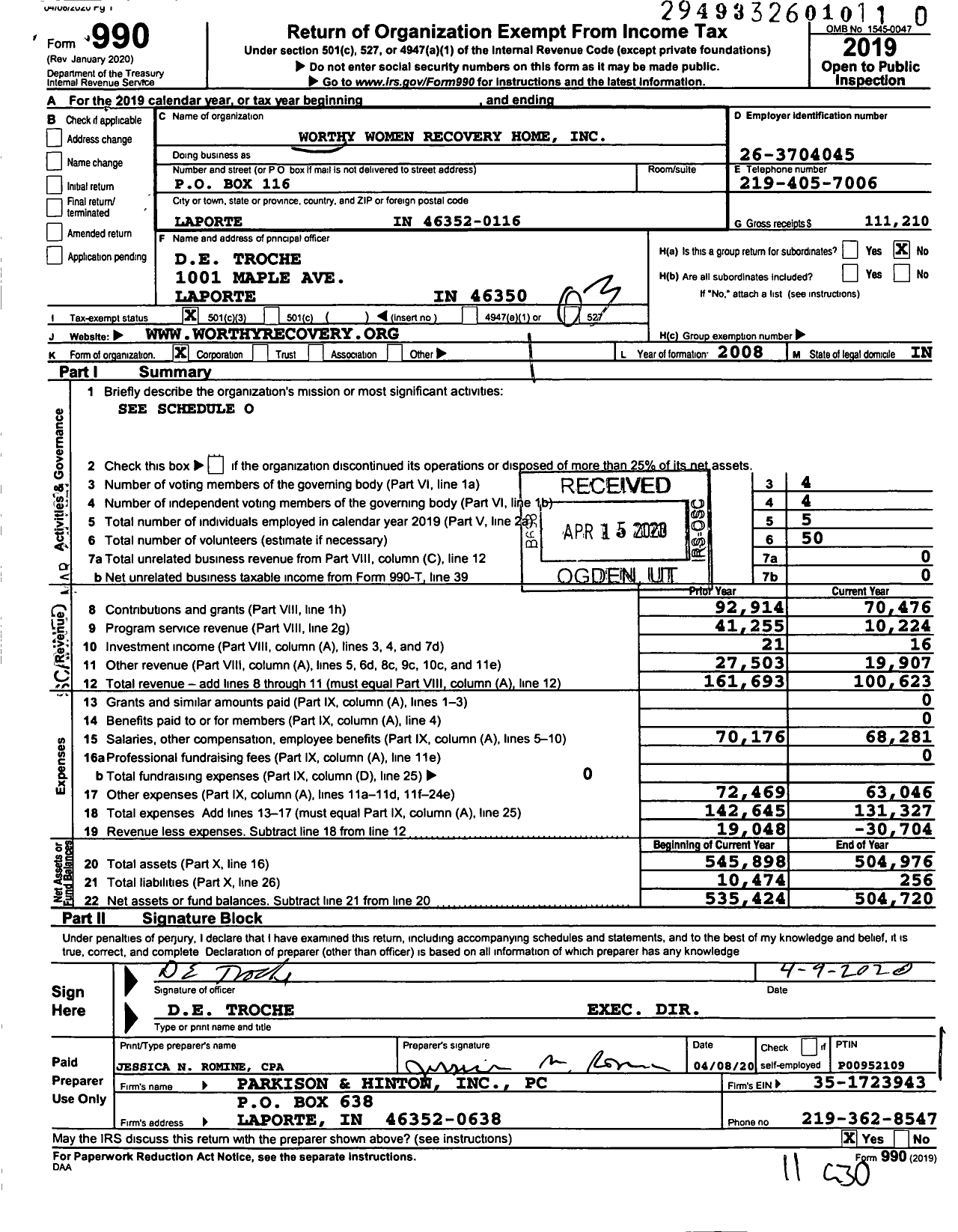 Image of first page of 2019 Form 990 for Worthy Women Recovery Home