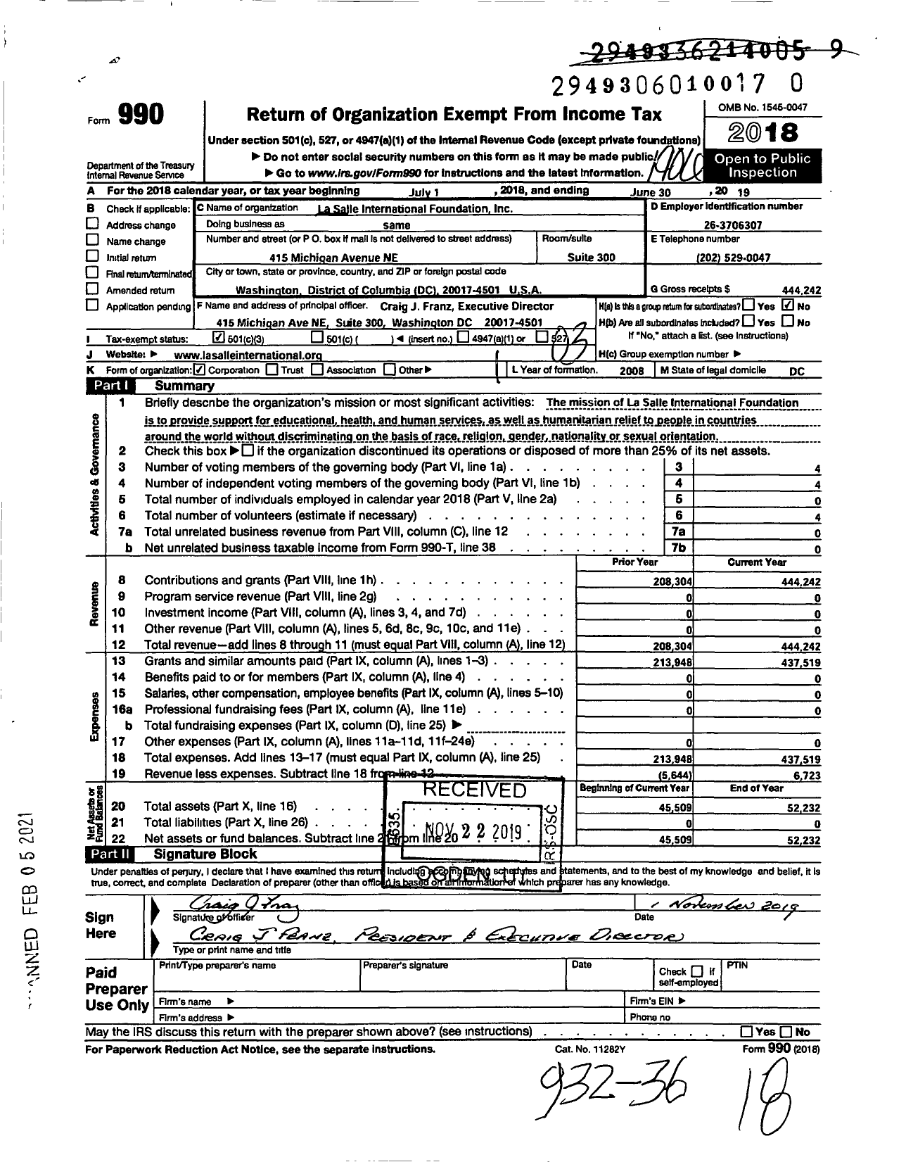 Image of first page of 2018 Form 990 for La Salle International Foundation