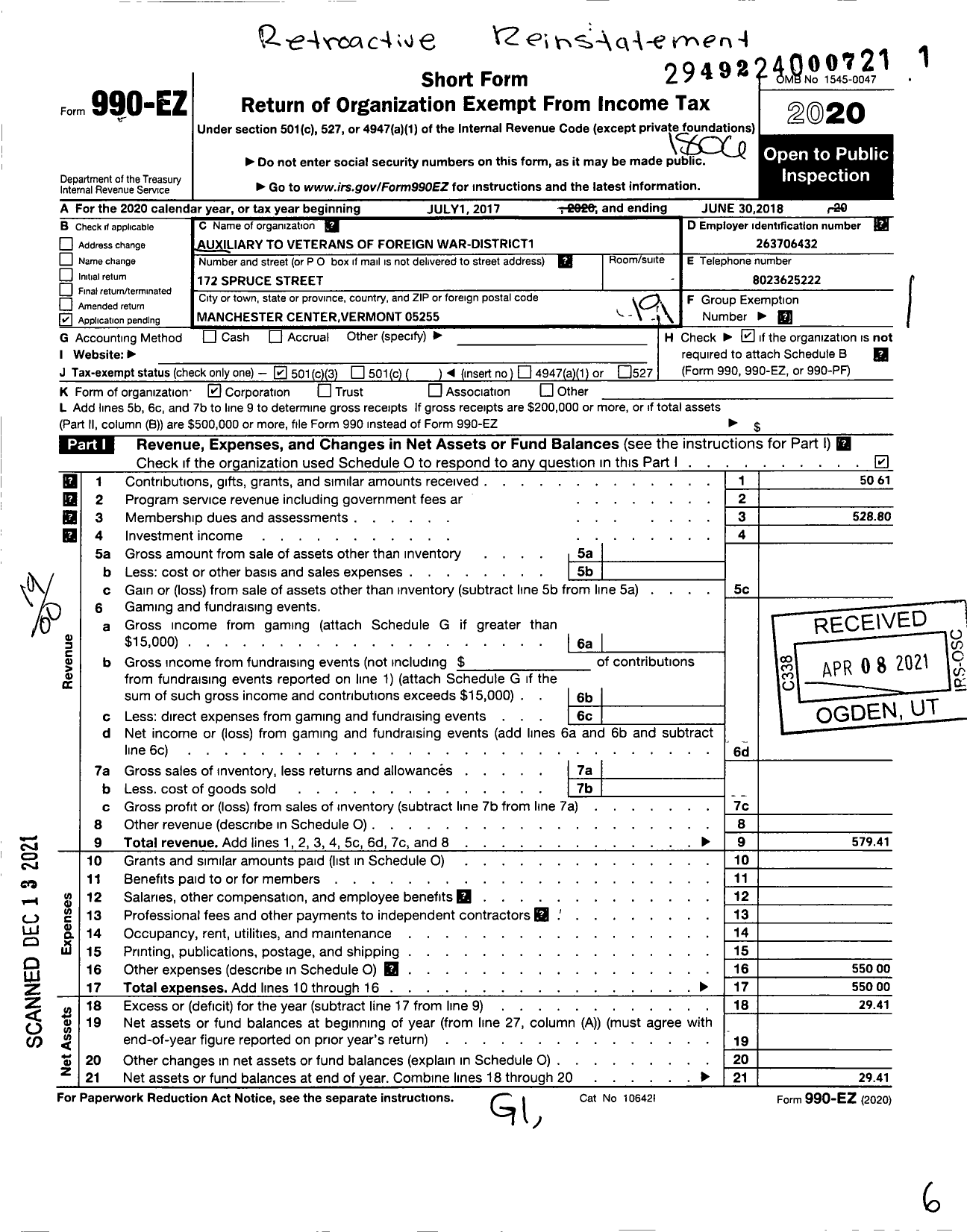 Image of first page of 2017 Form 990EO for Auxiliary To Veterans of Foreign Wars District 1