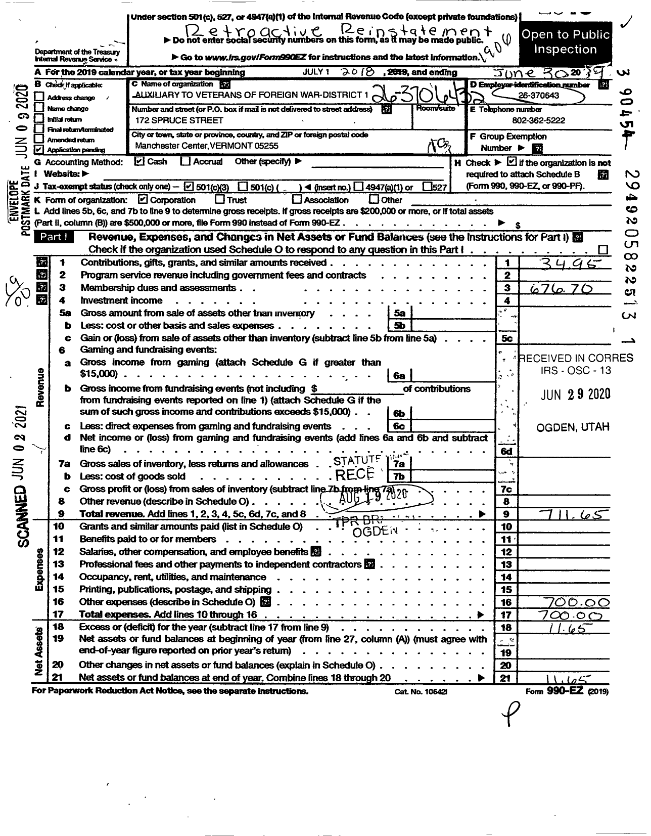 Image of first page of 2018 Form 990EO for Auxiliary To Veterans of Foreign Wars District 1