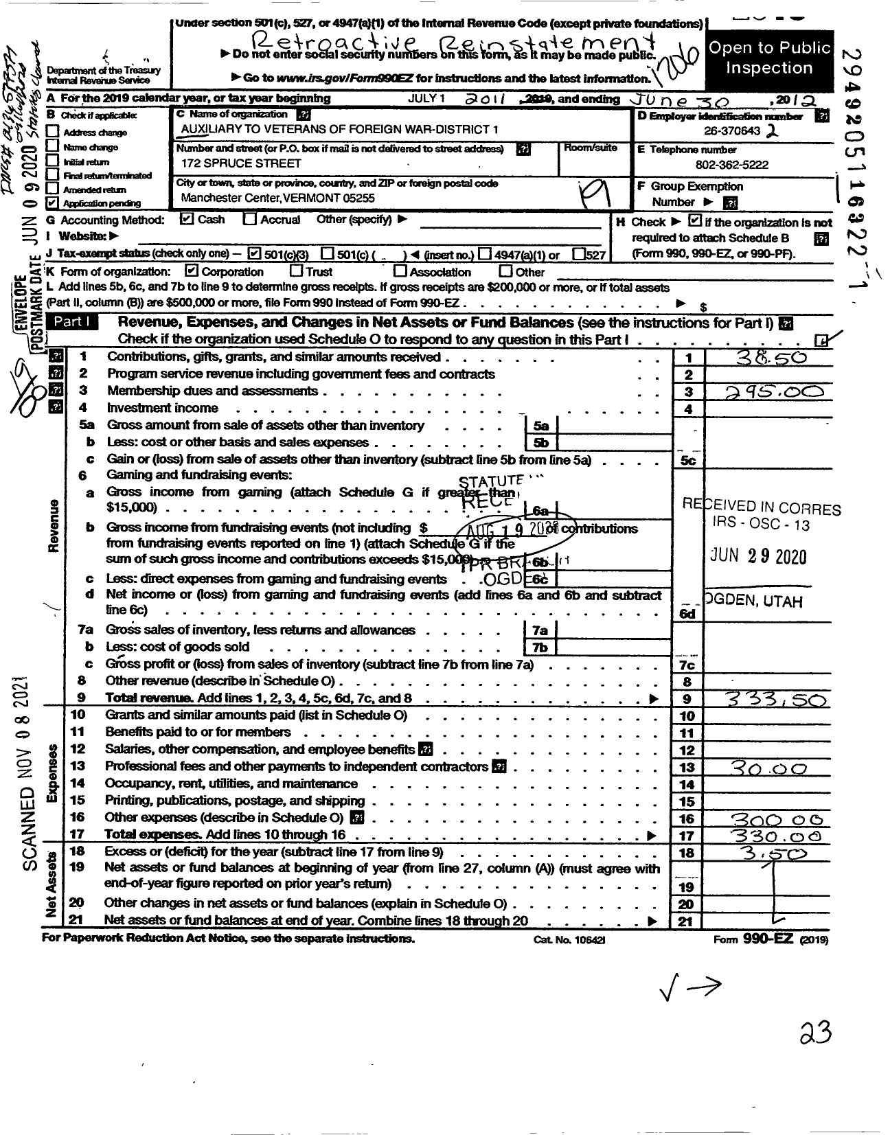 Image of first page of 2011 Form 990EO for Auxiliary To Veterans of Foreign Wars District 1