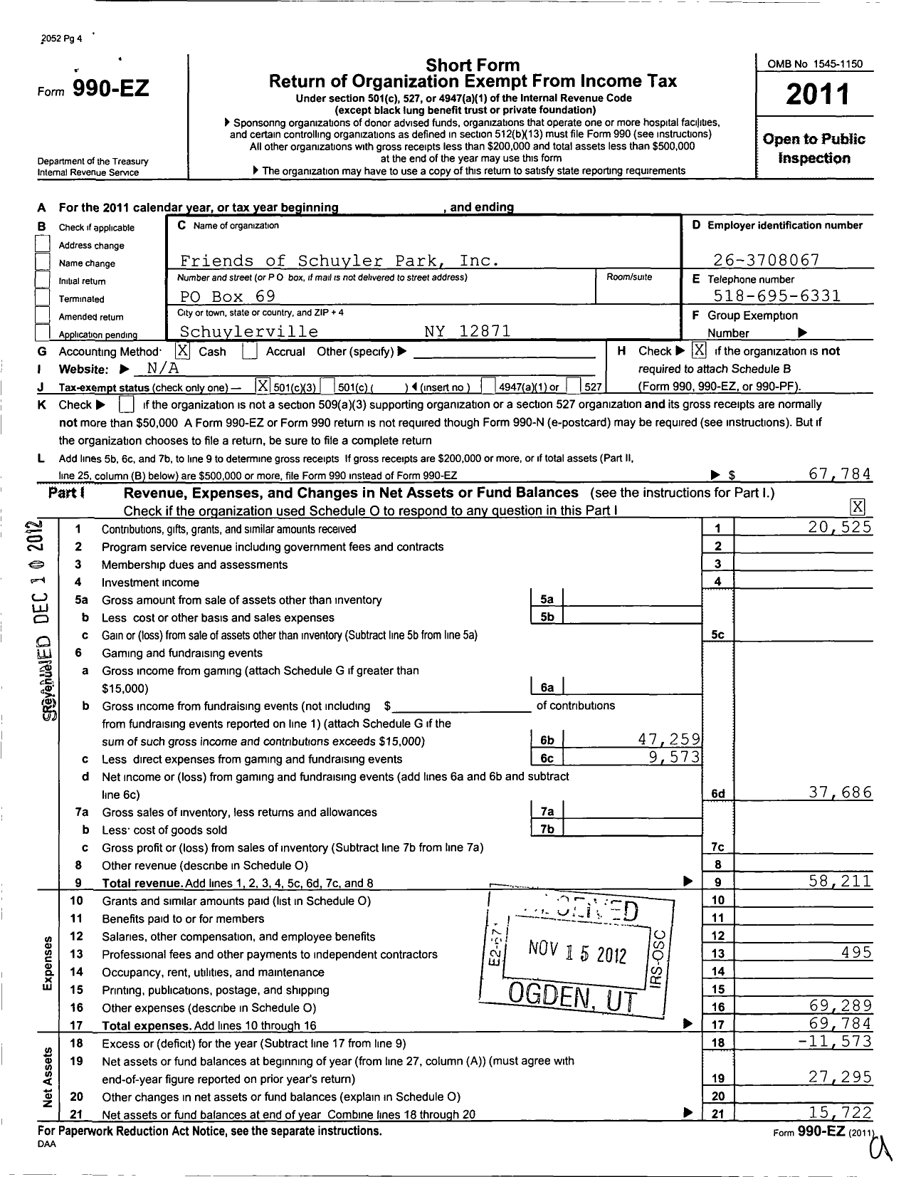 Image of first page of 2011 Form 990EZ for Friends of Schuyler Park