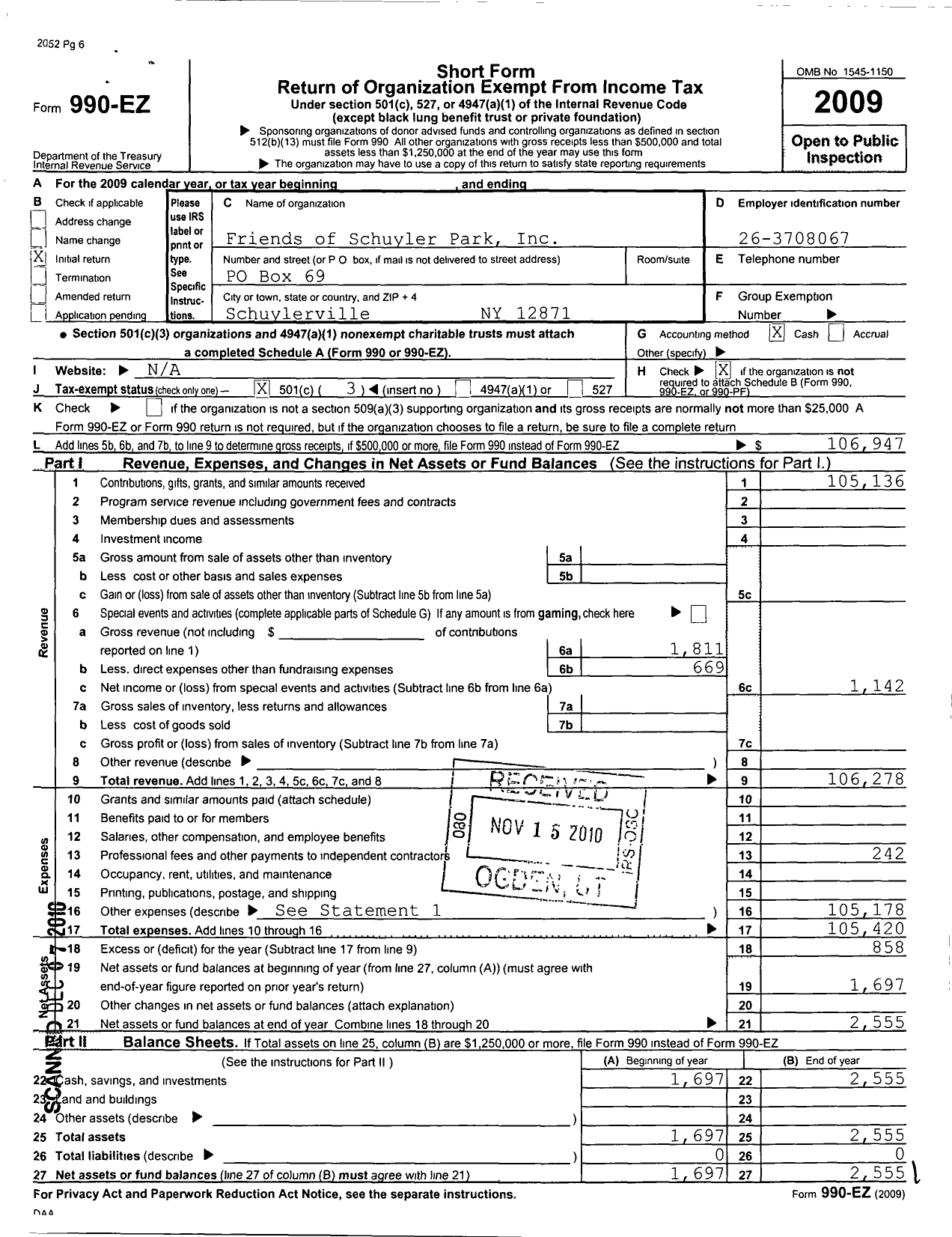 Image of first page of 2009 Form 990EZ for Friends of Schuyler Park