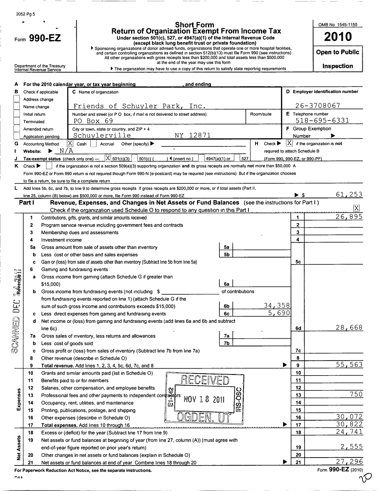 Image of first page of 2010 Form 990EZ for Friends of Schuyler Park