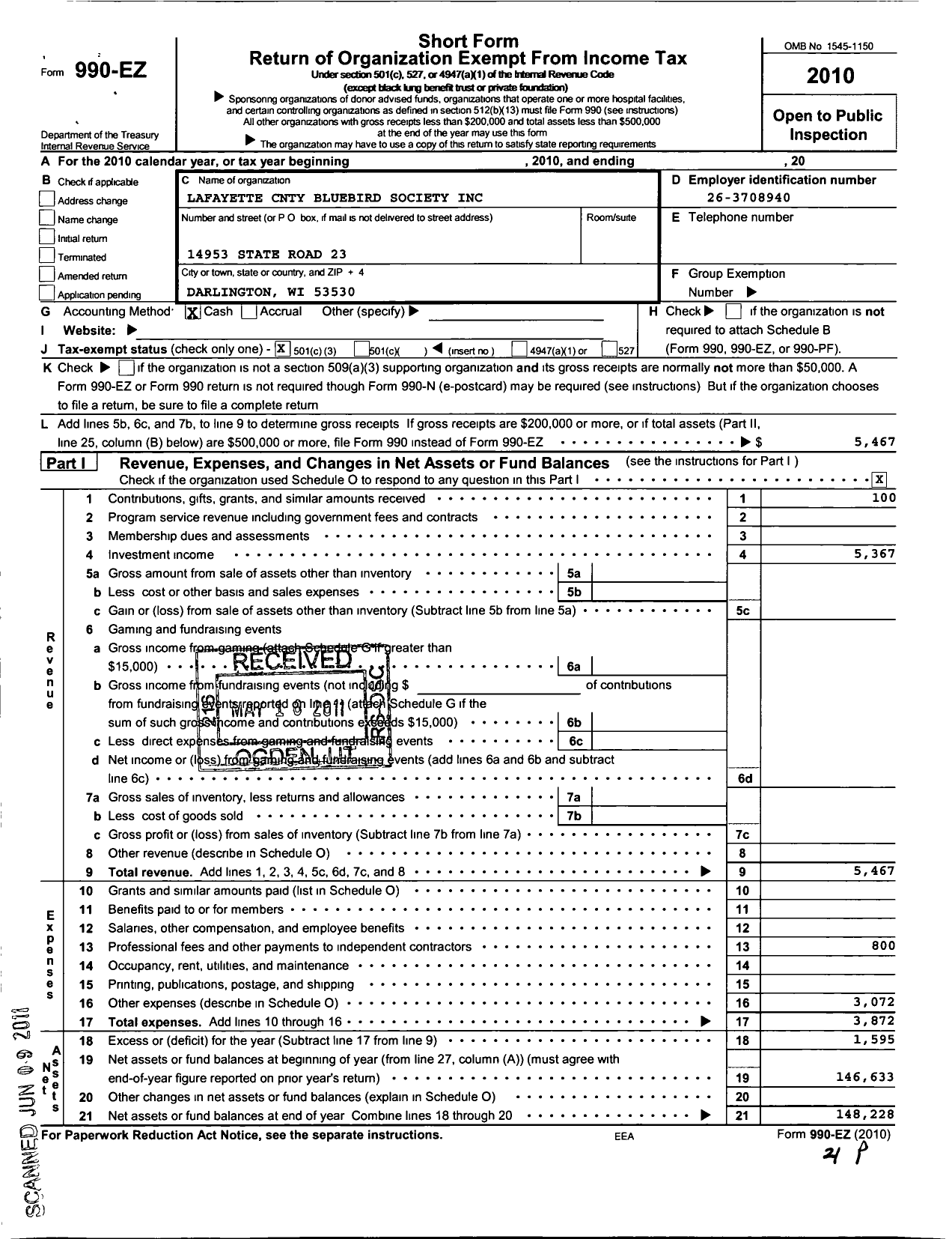 Image of first page of 2010 Form 990EZ for Lafayette County Bluebird Society