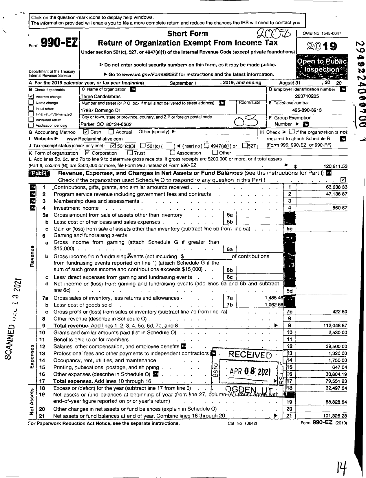 Image of first page of 2019 Form 990EZ for Three Candelabras