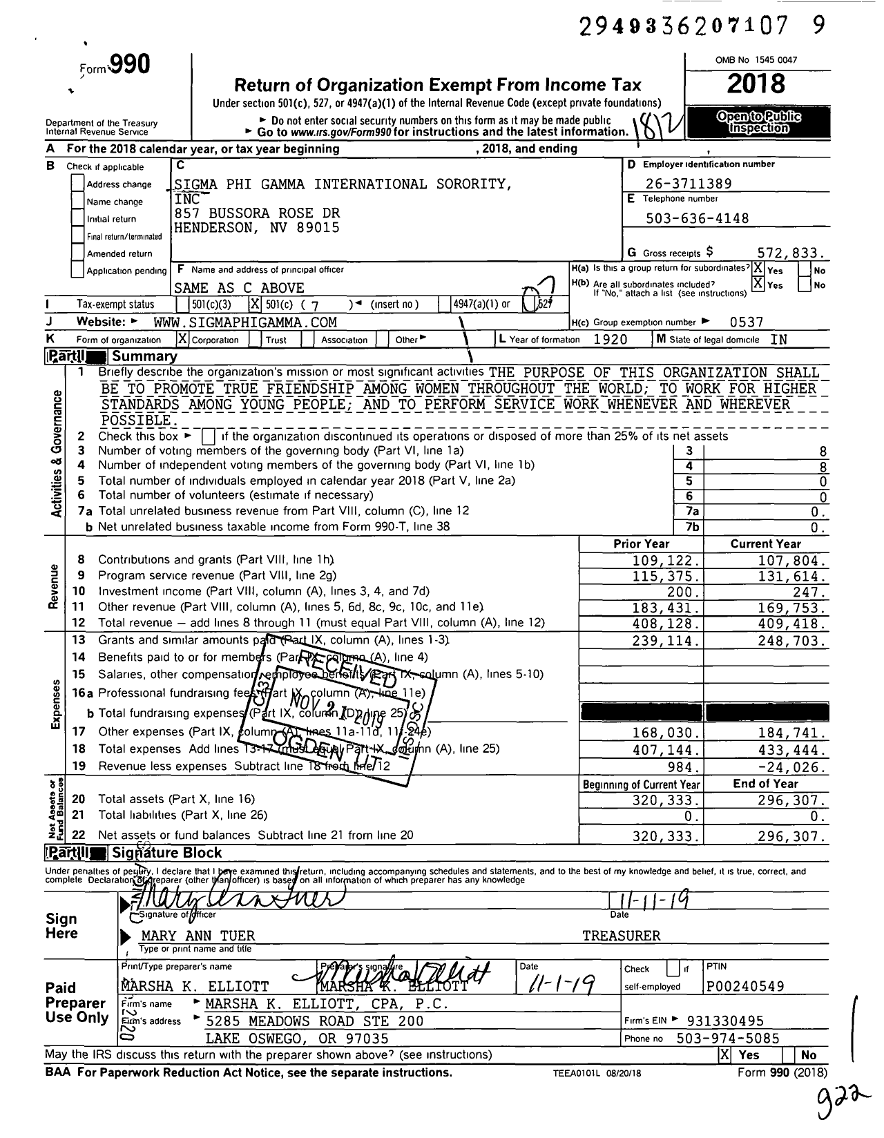 Image of first page of 2018 Form 990O for Sigma Phi Gamma International Sorority / Group Return