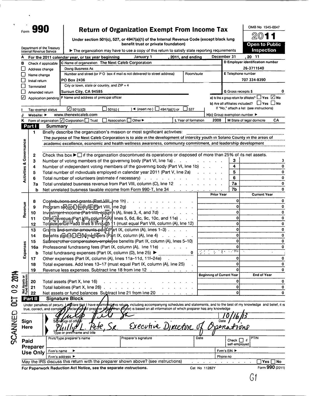 Image of first page of 2011 Form 990 for Next Caleb